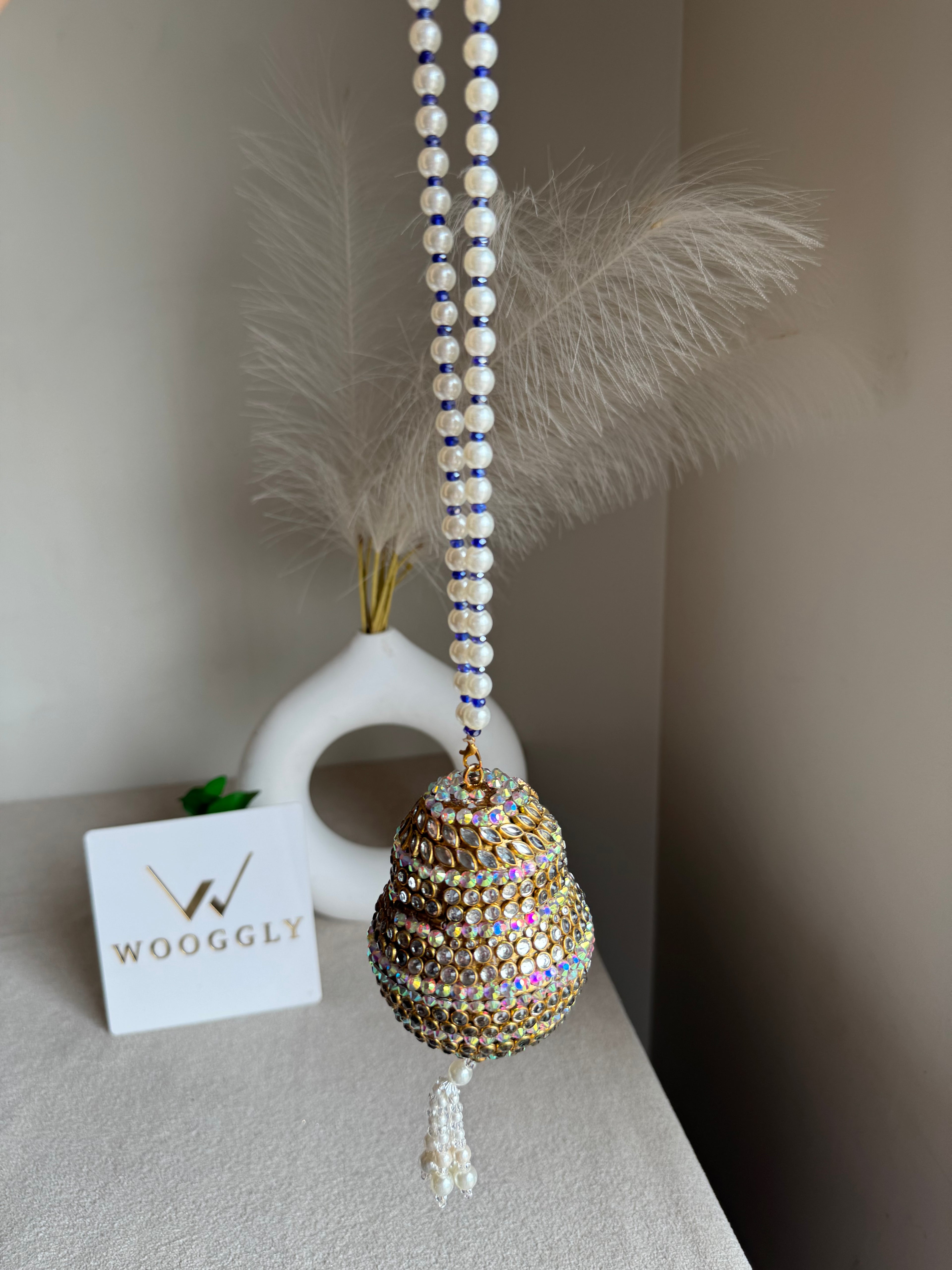 Turkish Potli - Pink Stone with Pearl/Blue Chain