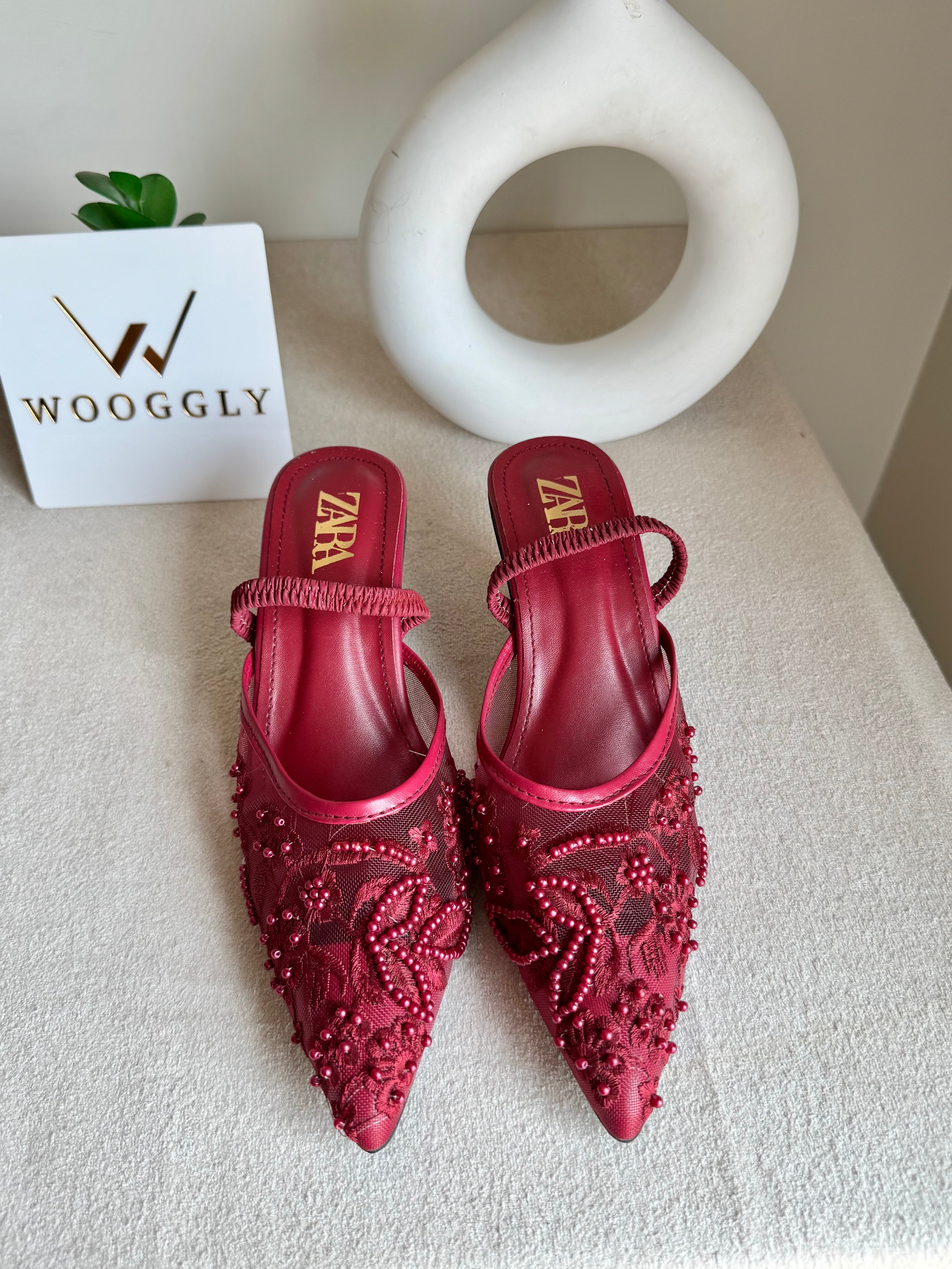 Zara Embroidered Net Heels - Maroon