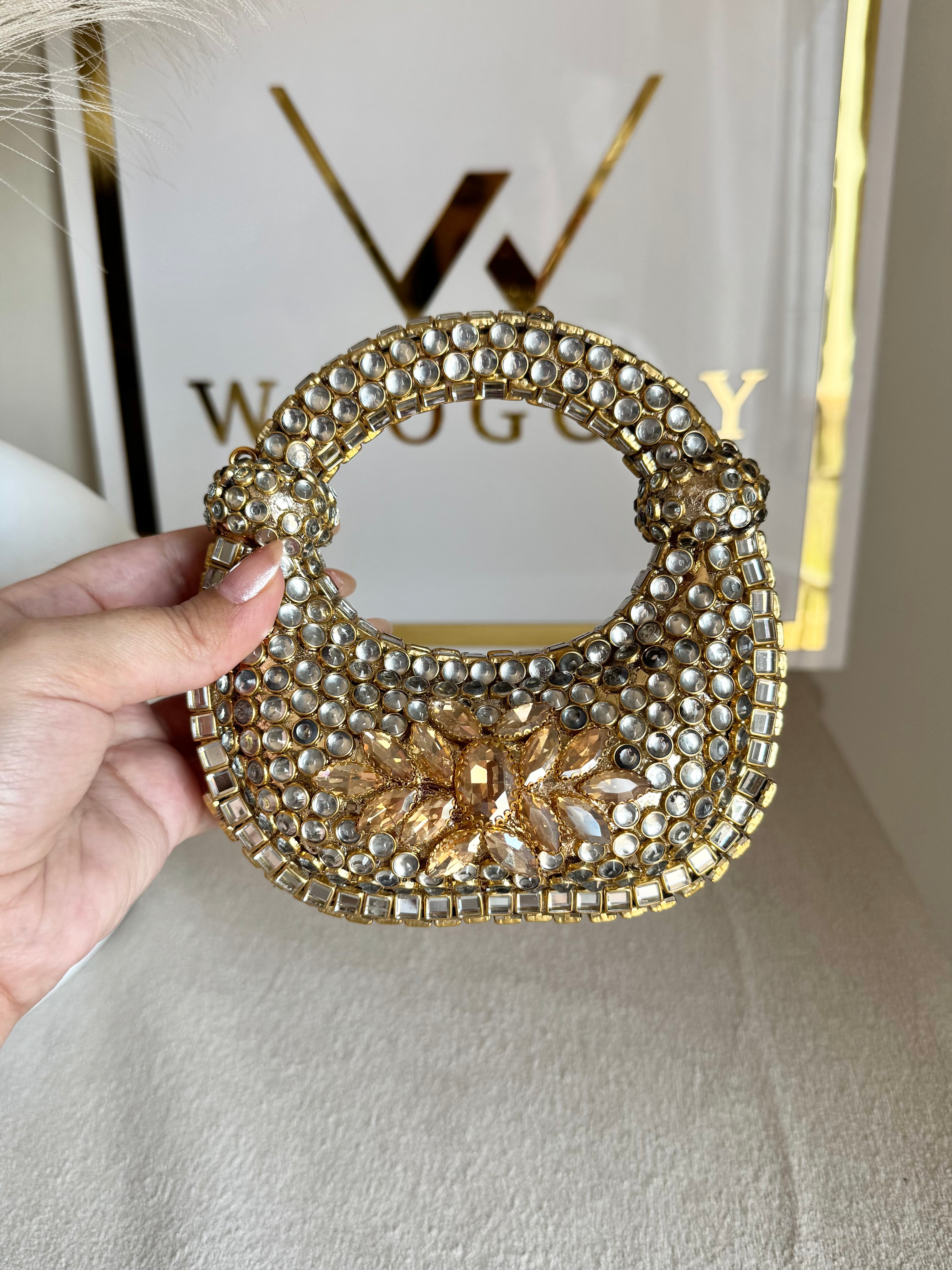 Kundan Classic Moon Clutch with Champagne Stone Embellishment