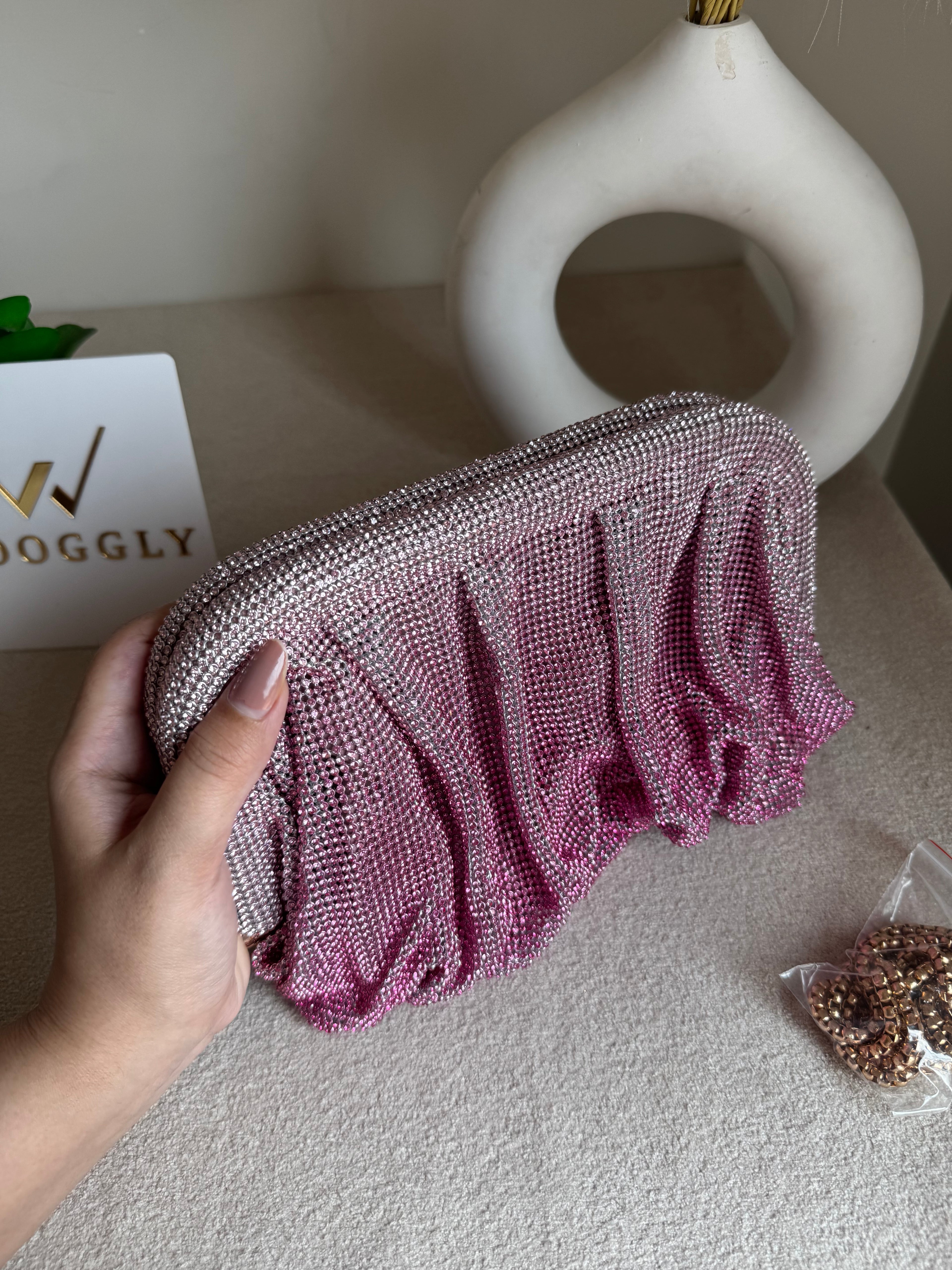 Viral High Quality Rhinestone Clutch with Chain - Pink