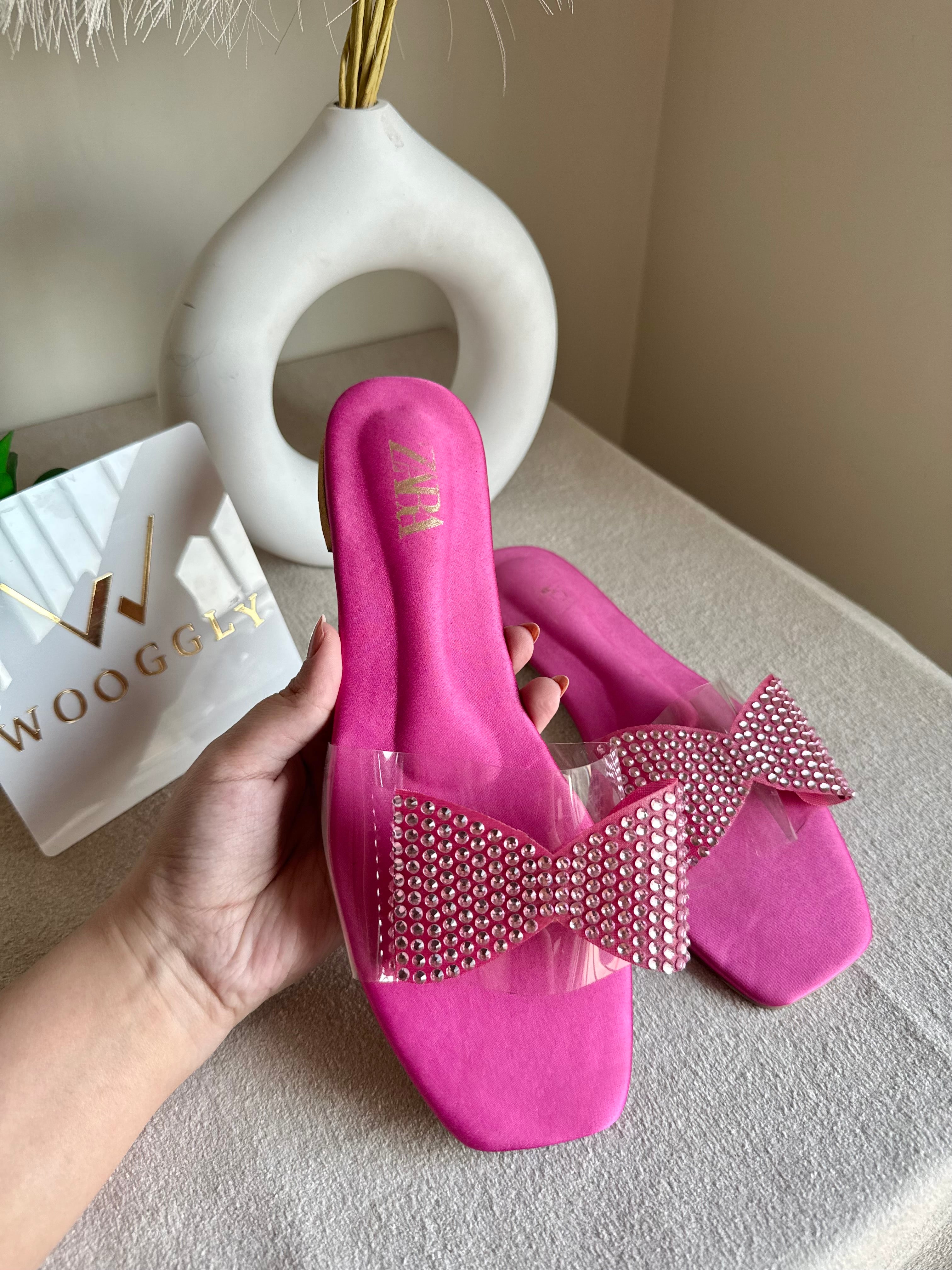 Zara Glitter Bow Slides - Hot Pink