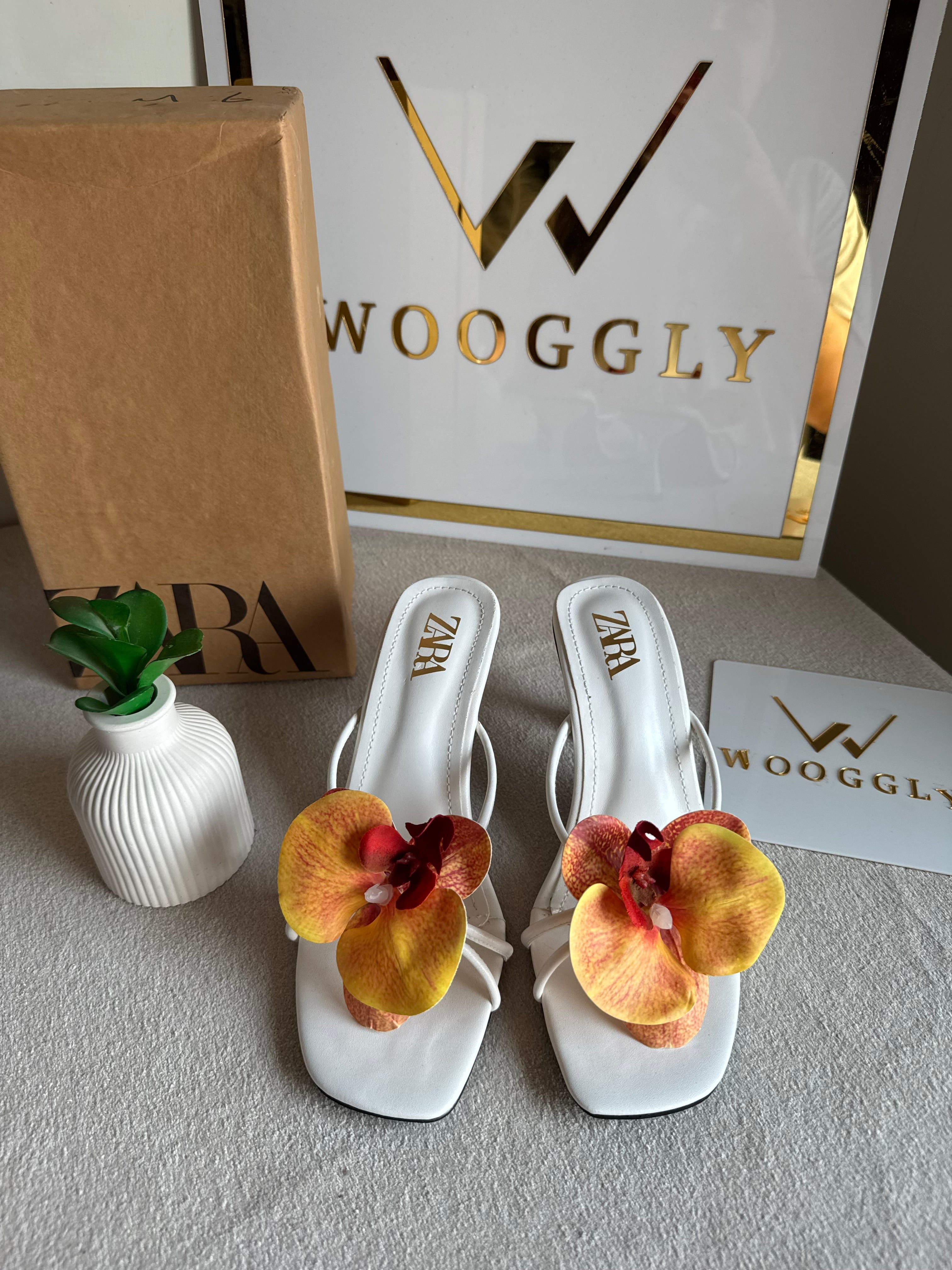 Zara Flower Heels WHITE WITH YELLOW - with Brand Box