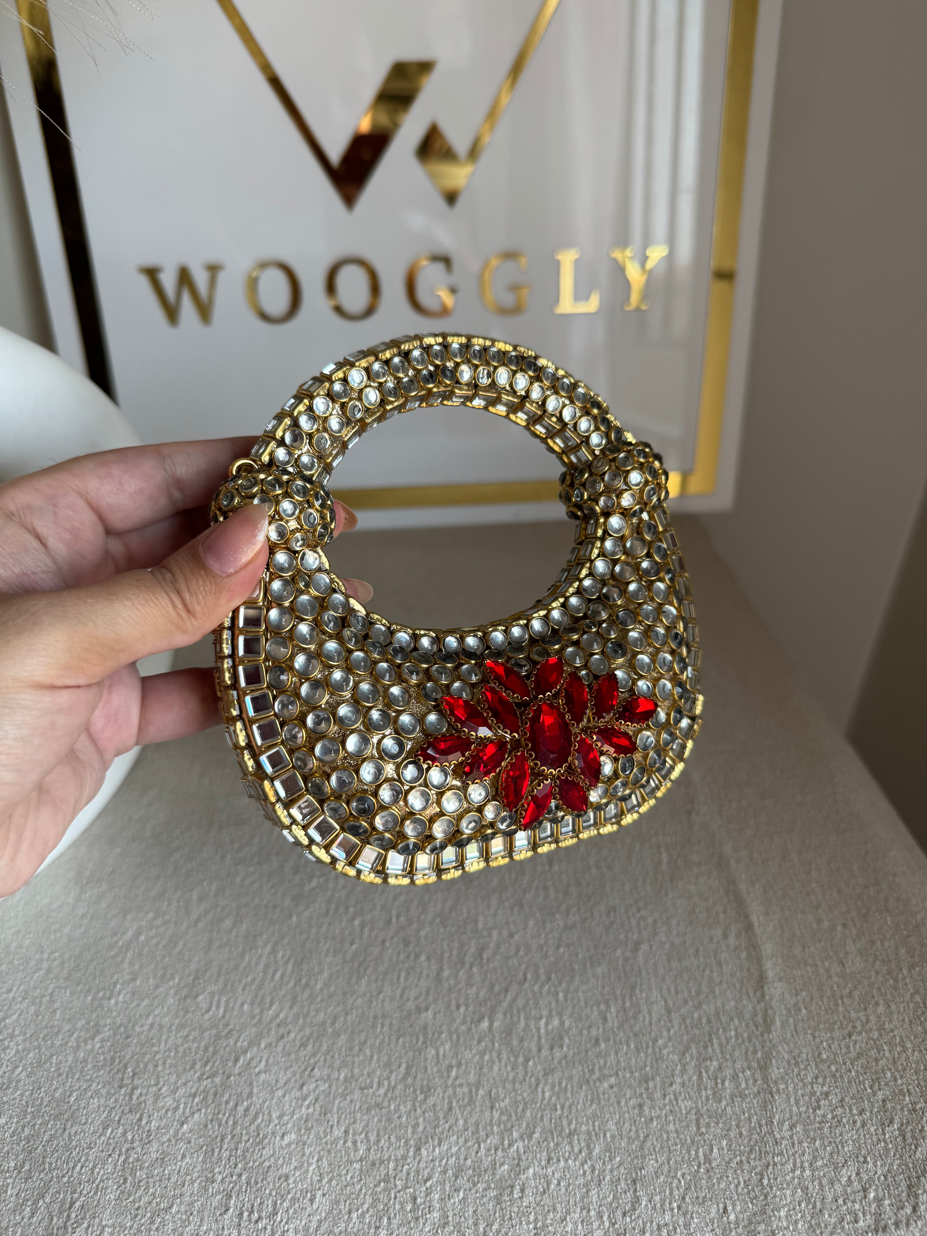 Kundan Classic Moon Clutch with Red Stone Embellishment