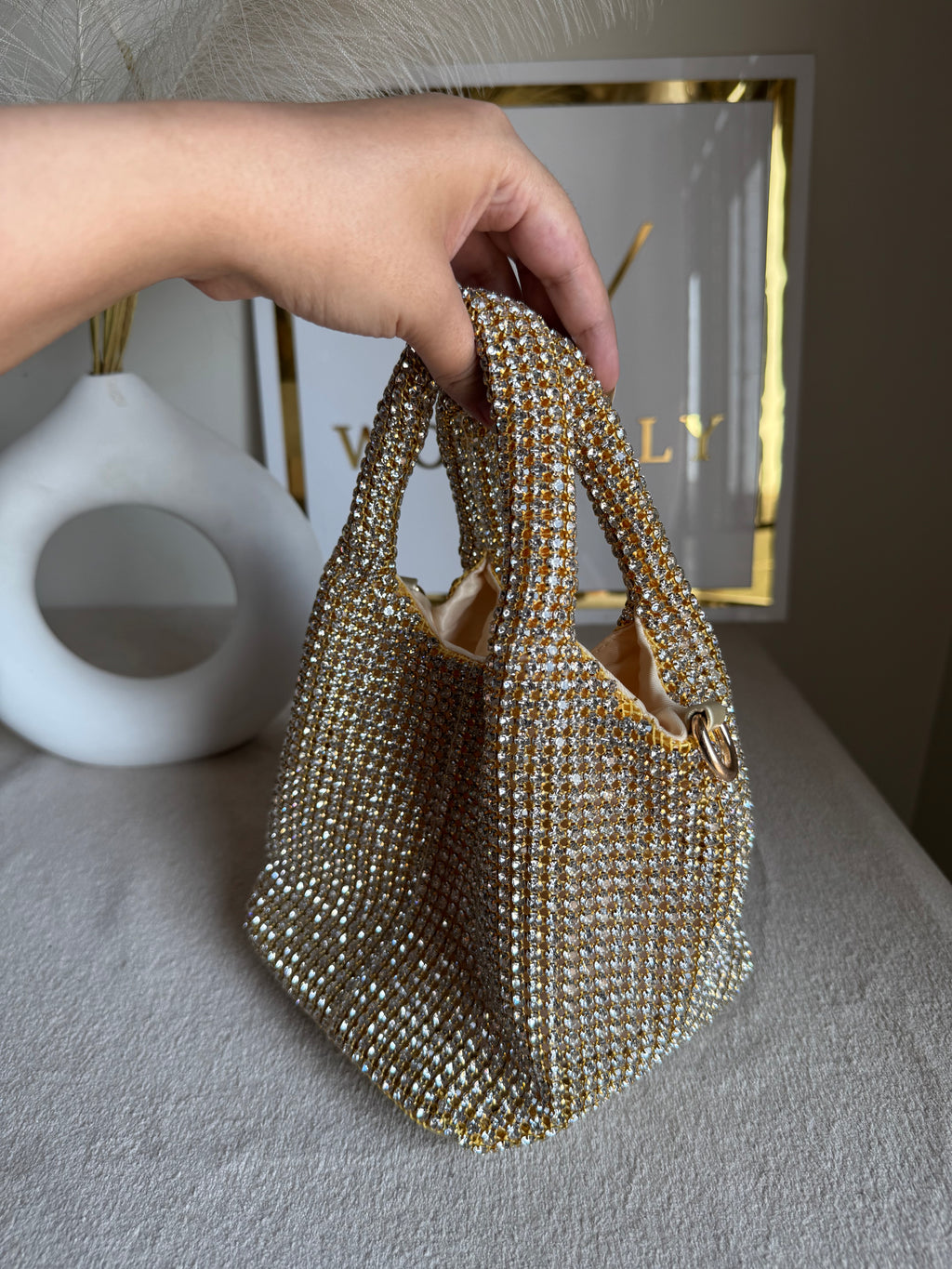 Party Wear Rhinestone Bucket Bag - Butter Yellow