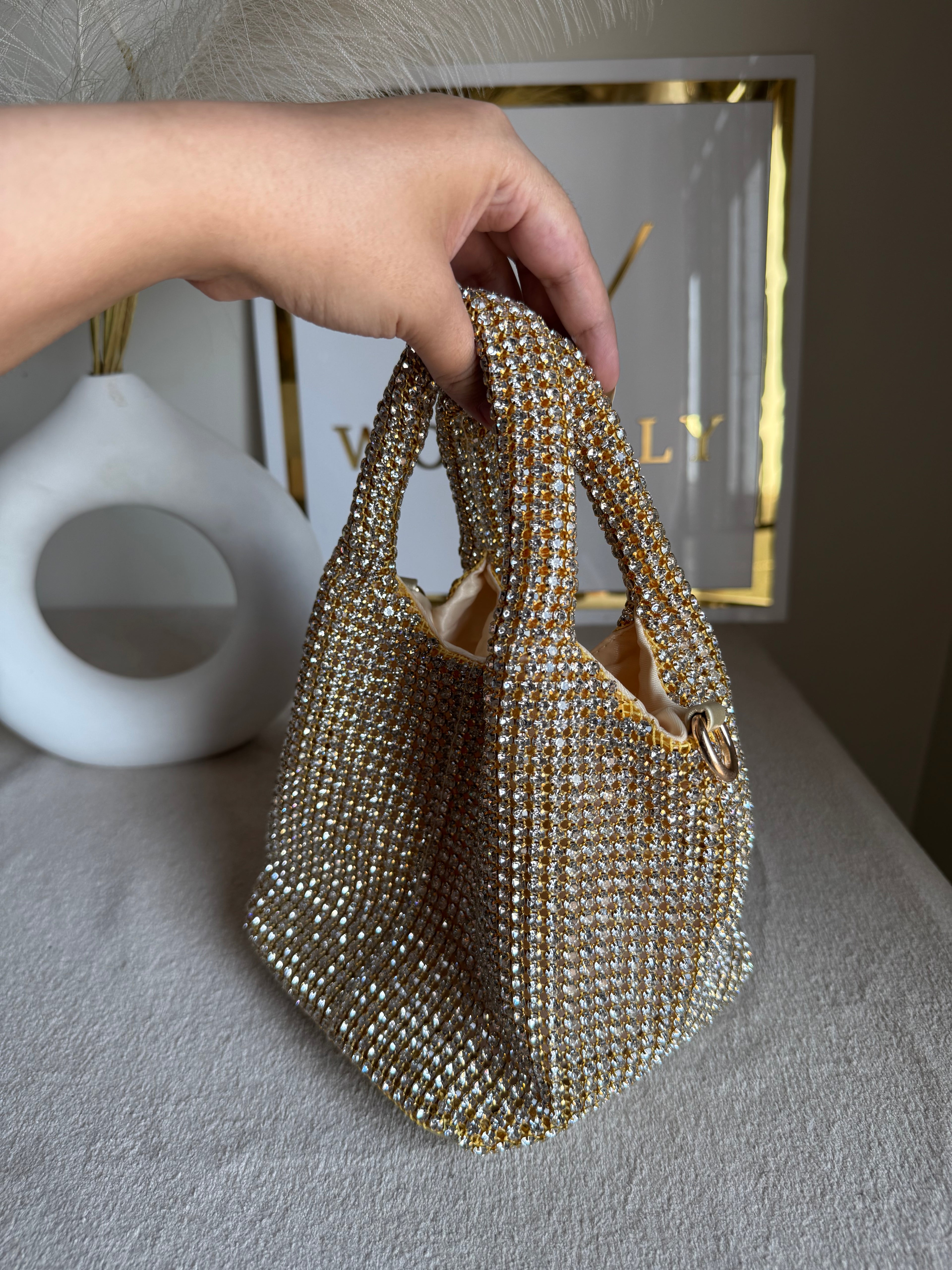 Party Wear Rhinestone Bucket Bag - Butter Yellow