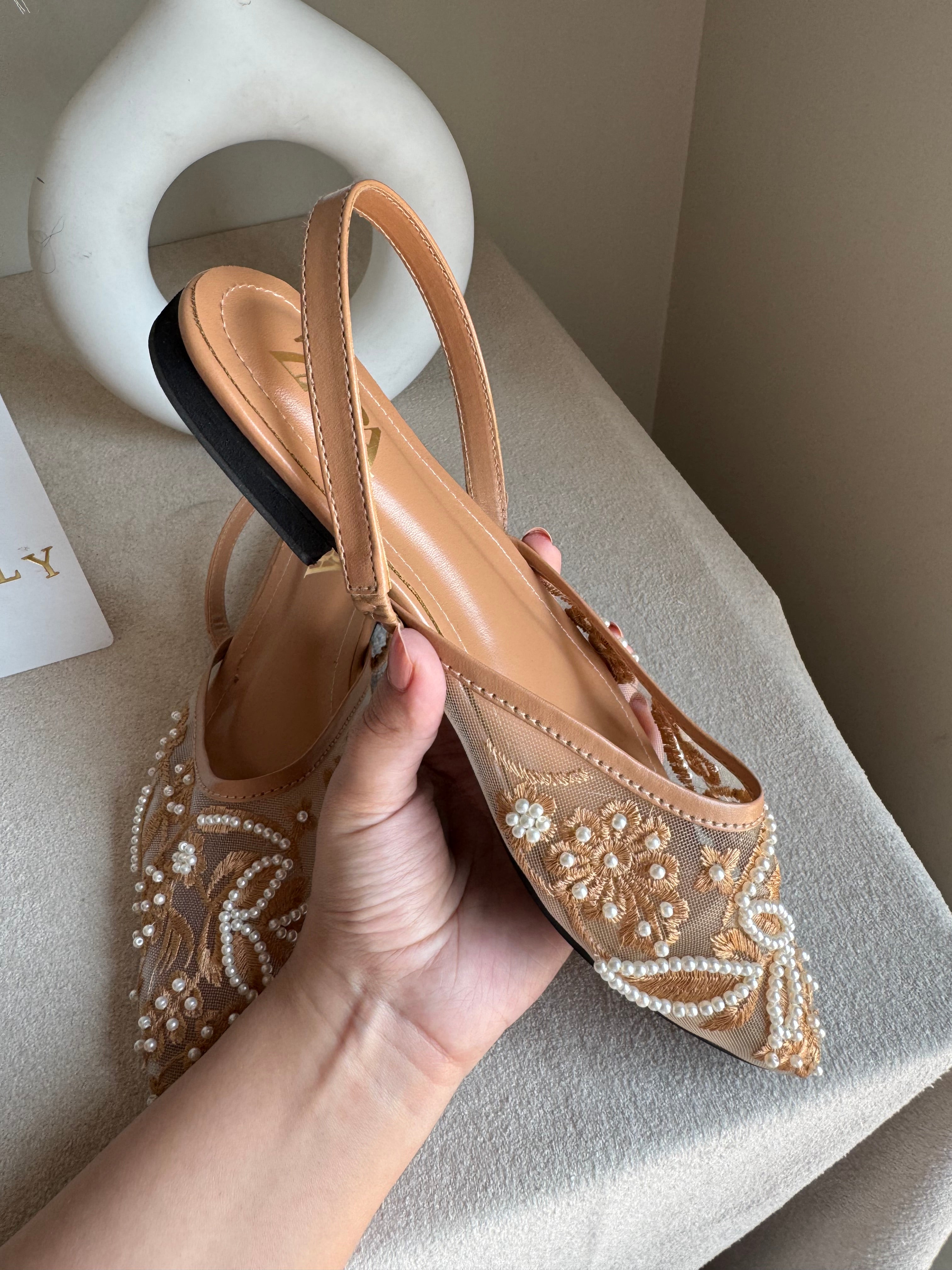Zara Embroidered Mesh Slingback Flats  - Beige