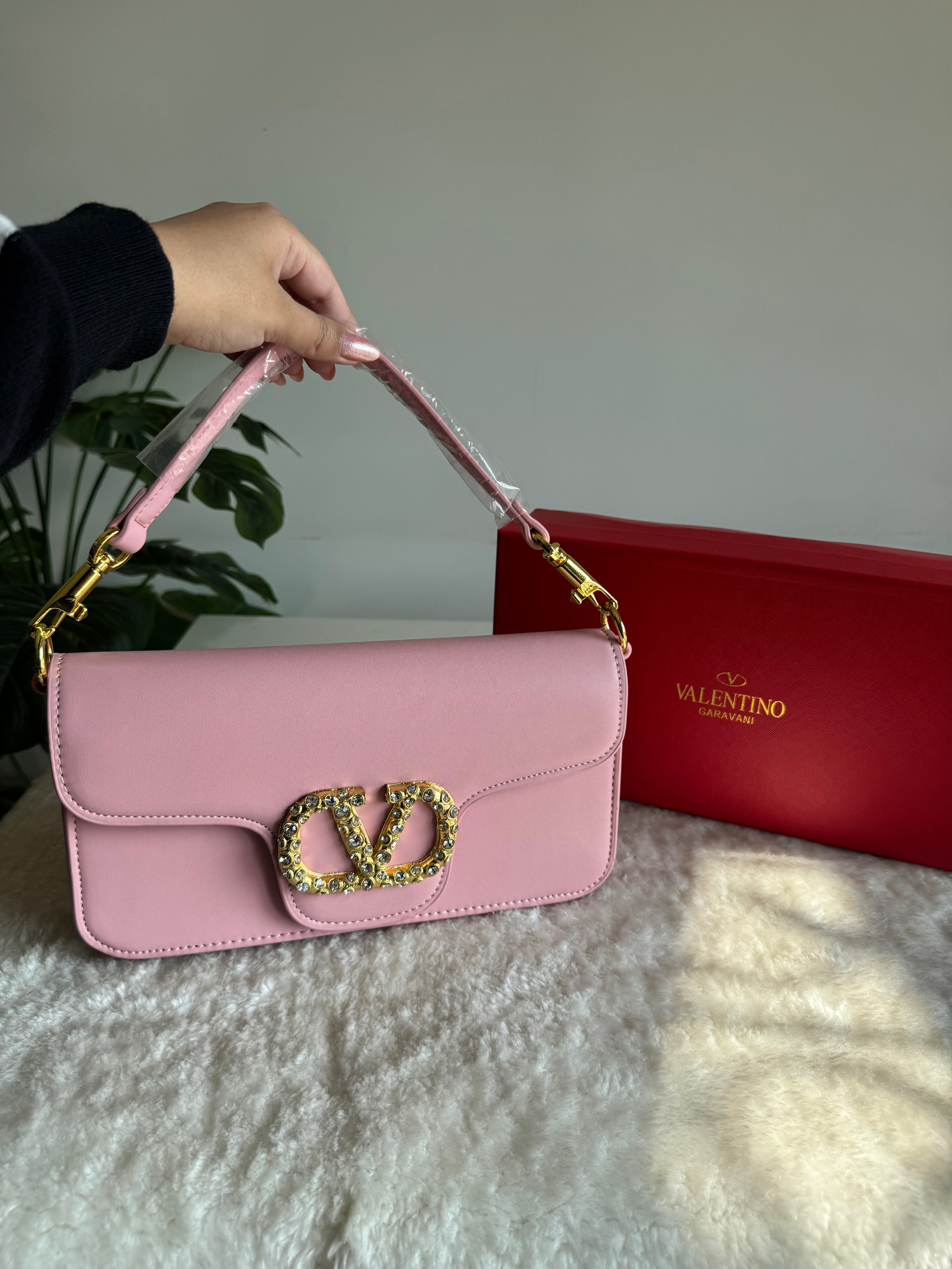 Valentino Loco with Jewel Logo PREMIUM Handbag with Box Packing - Baby Pink