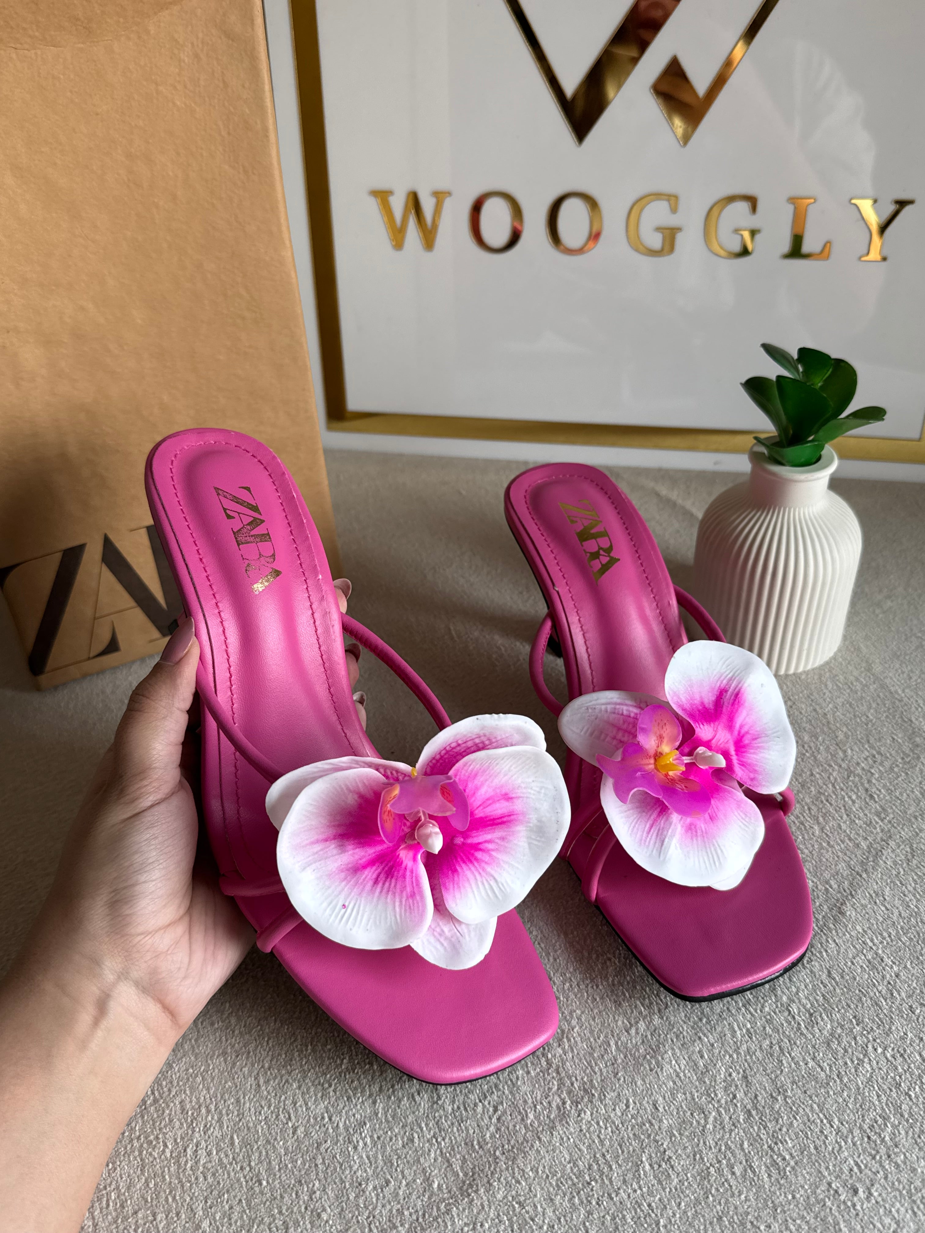 Zara Flower Heels HOT PINK - with Brand Box