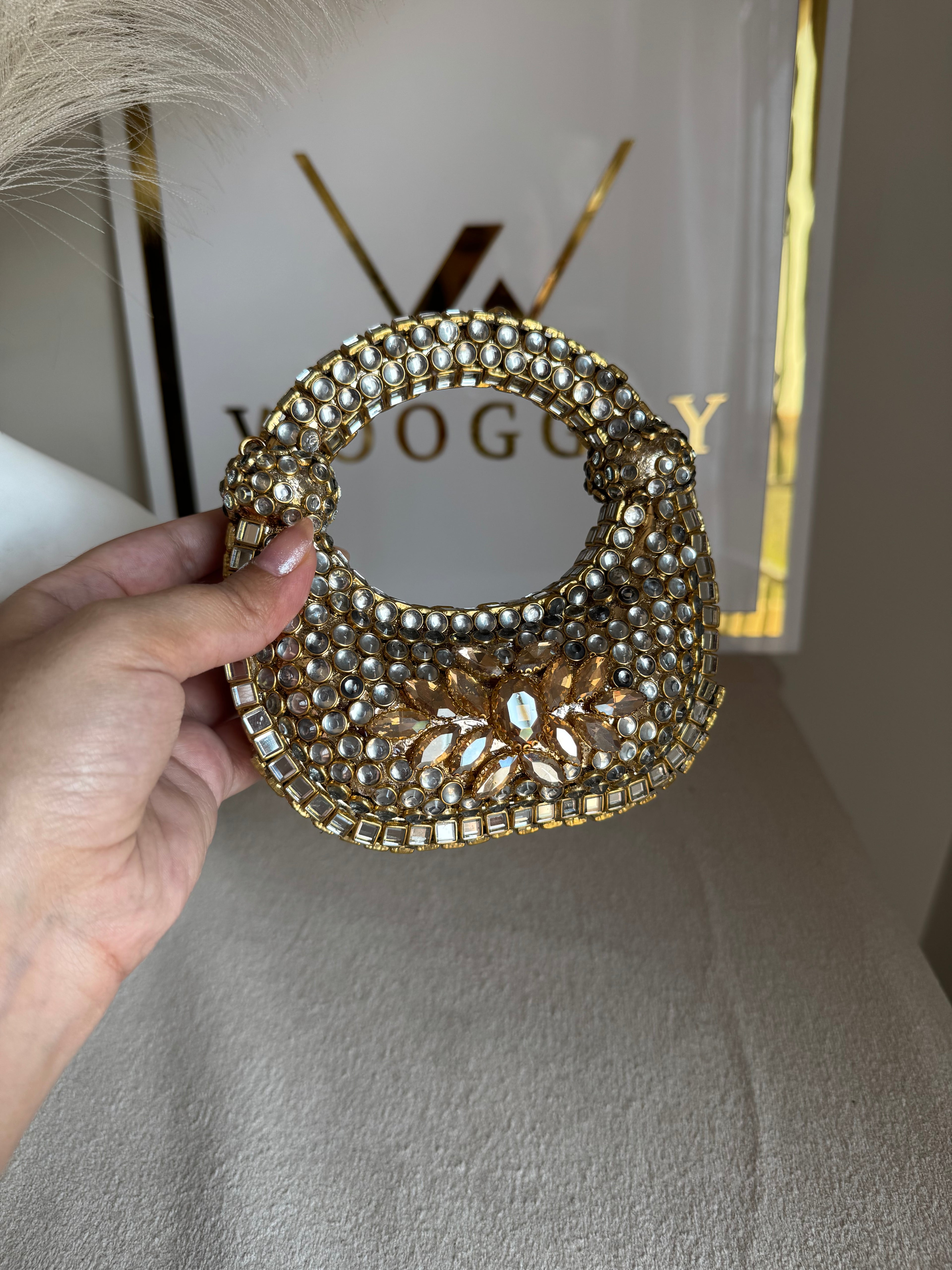 Kundan Classic Moon Clutch with Champagne Stone Embellishment