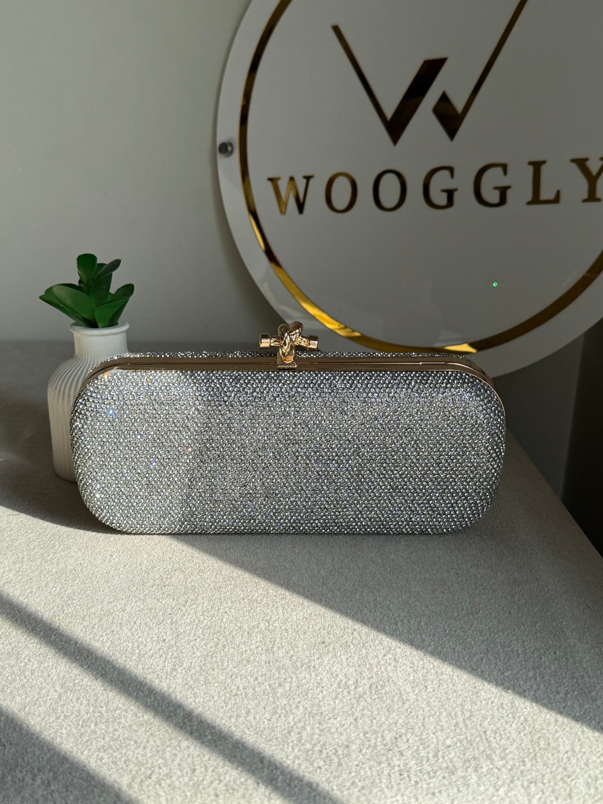 Bottega Shimmer Clutch - Silver with Chain