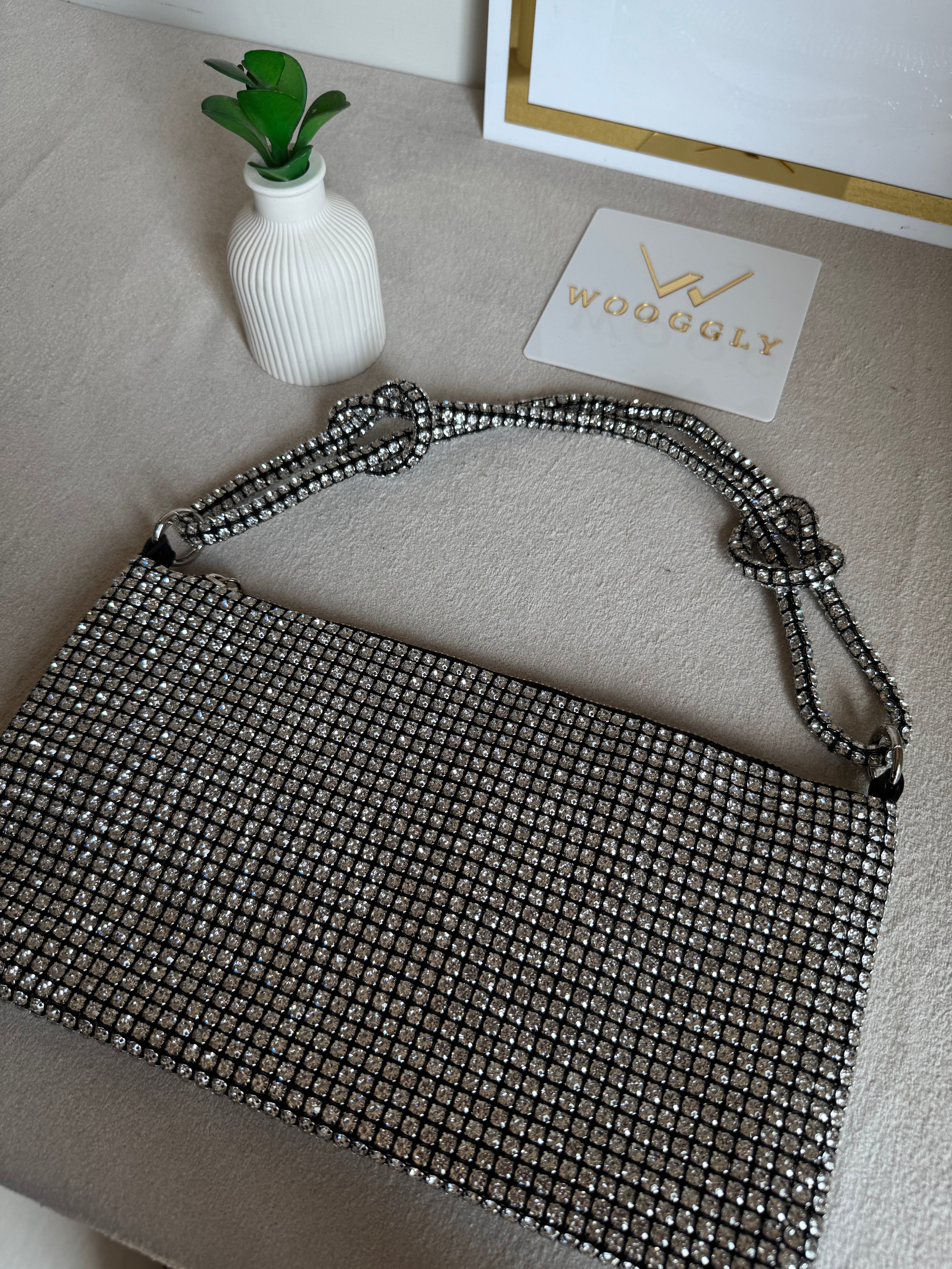 Dreamy Party Wear Rhinestone Bag - Black & Silver