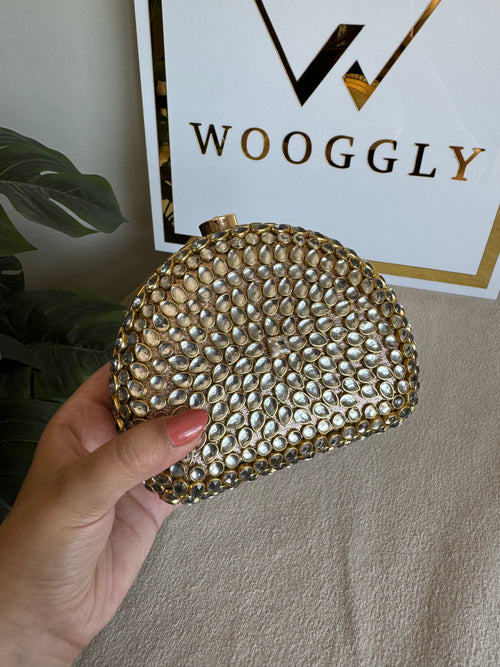 Afreen Kundan Clutch with Chain - White Stone