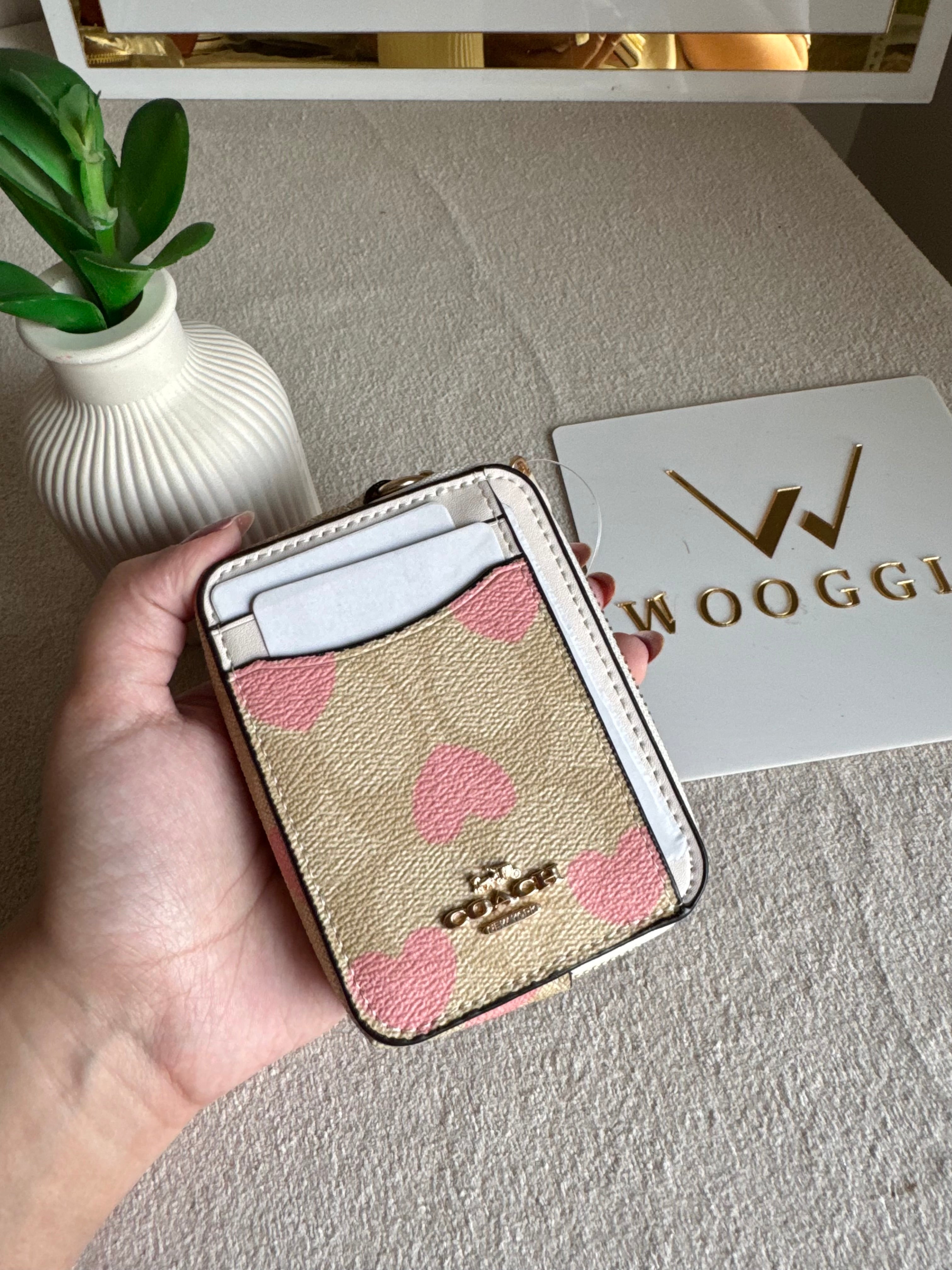 Coach Zip Card Case - Beige with Hearts