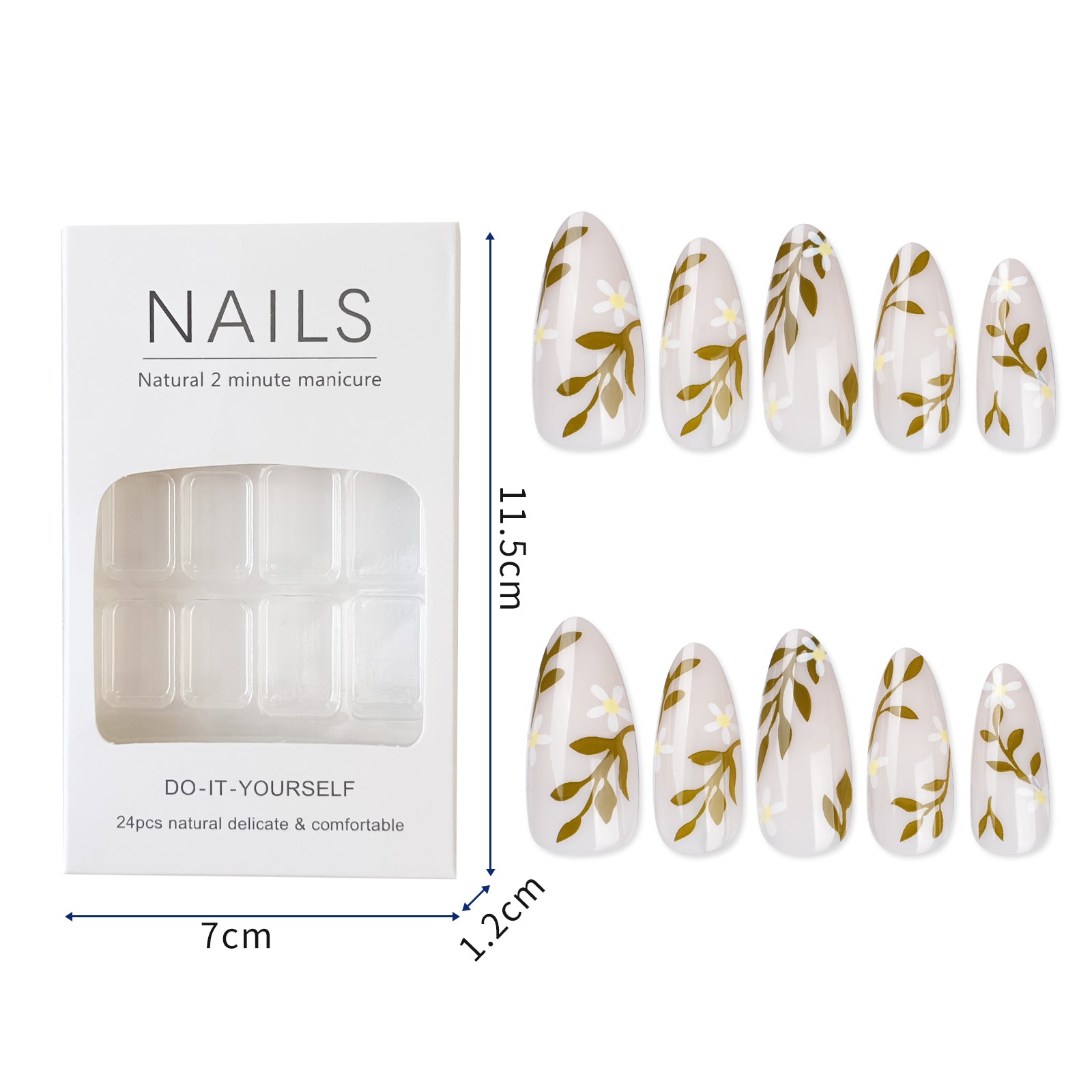 Floral Almond Press On Nails - 24 Pieces Complete Kit