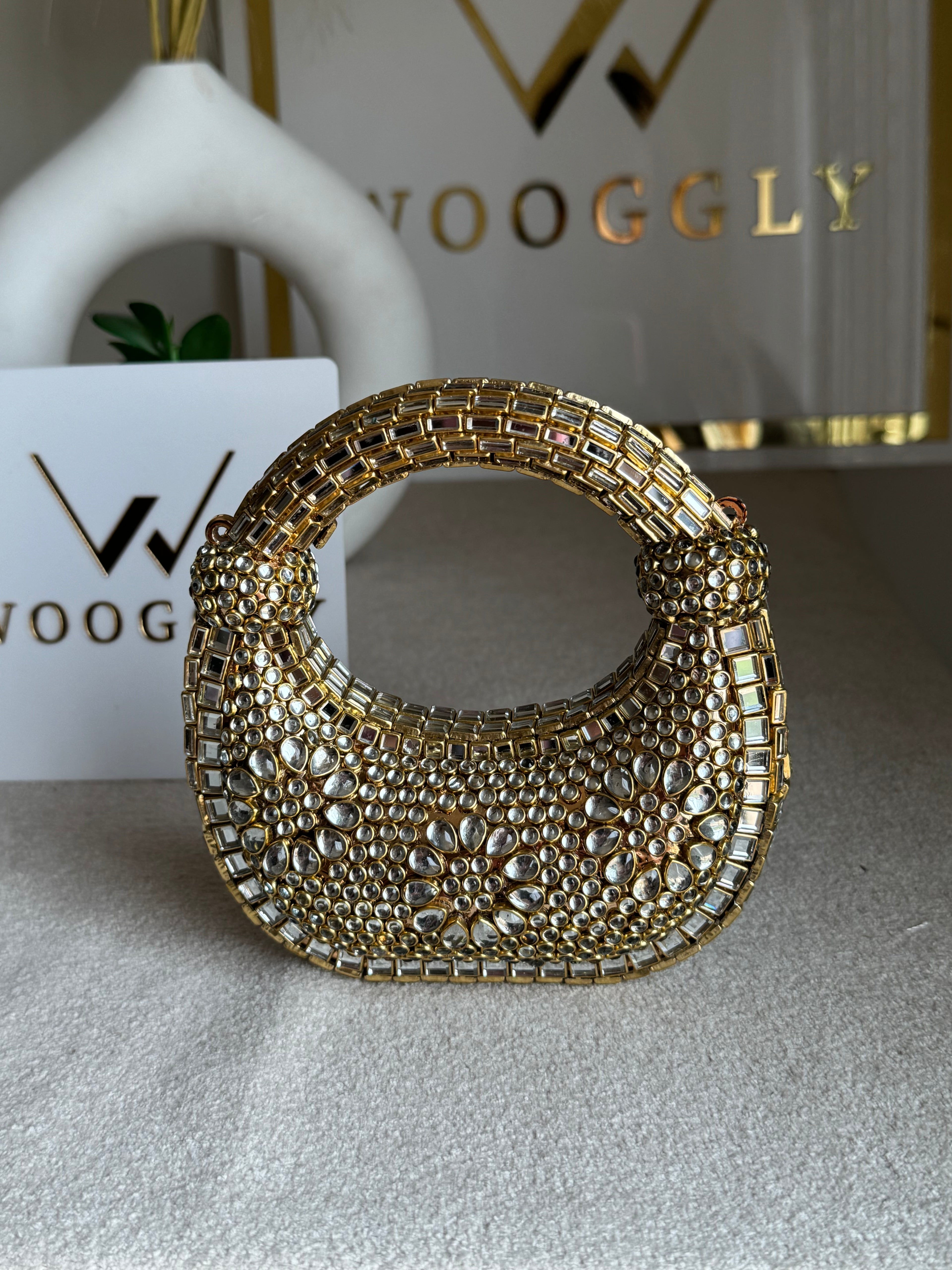 Kundan Classic Moon Clutch DESIGN 2 - Gold with Chain