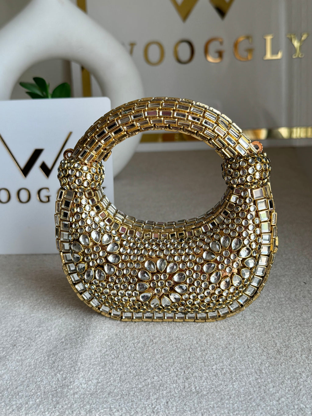Kundan Classic Moon Clutch DESIGN 2 - Gold with Chain