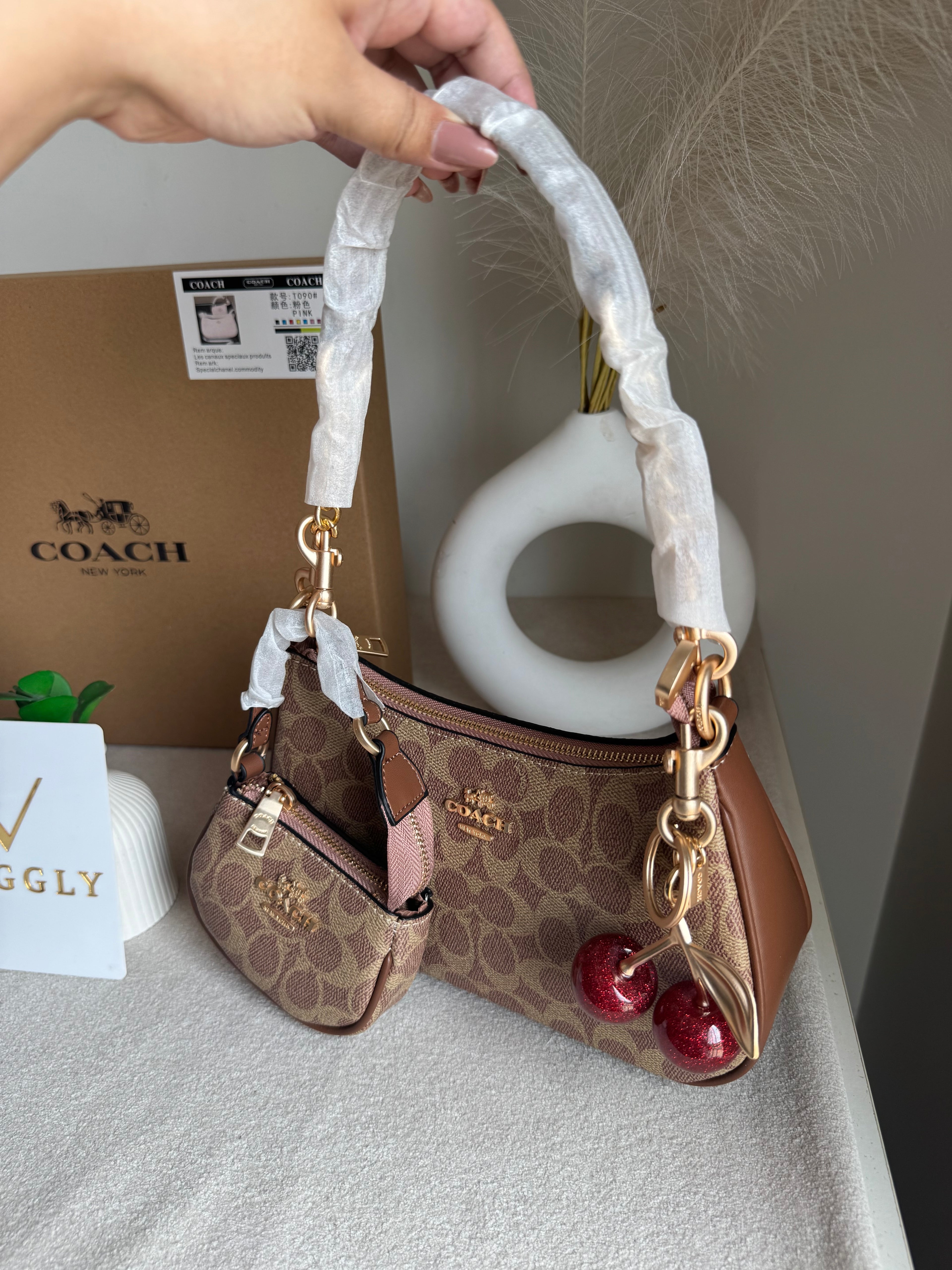 COACH Teri Gift Box with Baby Teri Charm & Coach Cherry Charm - Apricot Brown