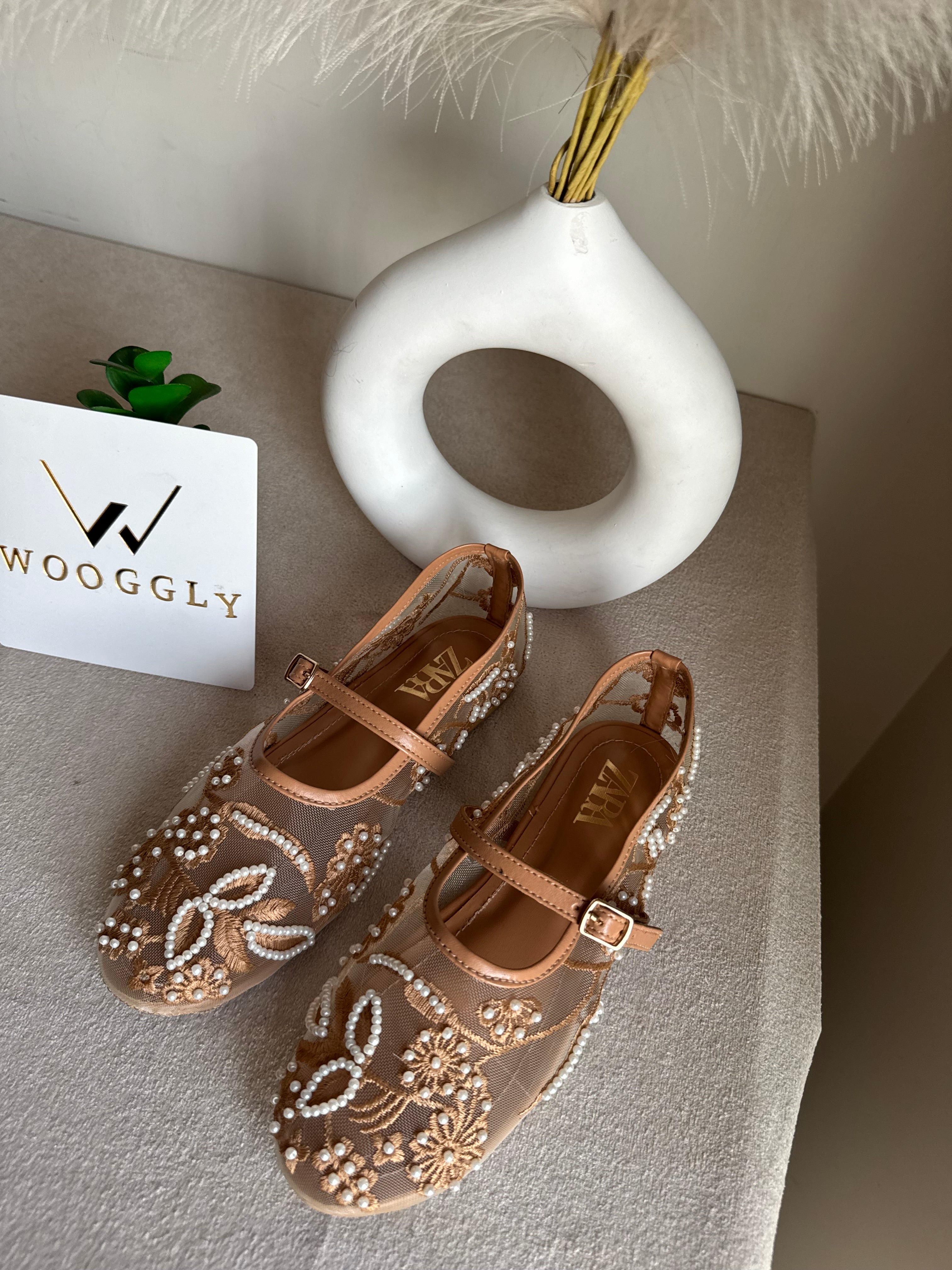 Zara Embroided Net Pumps - Beige