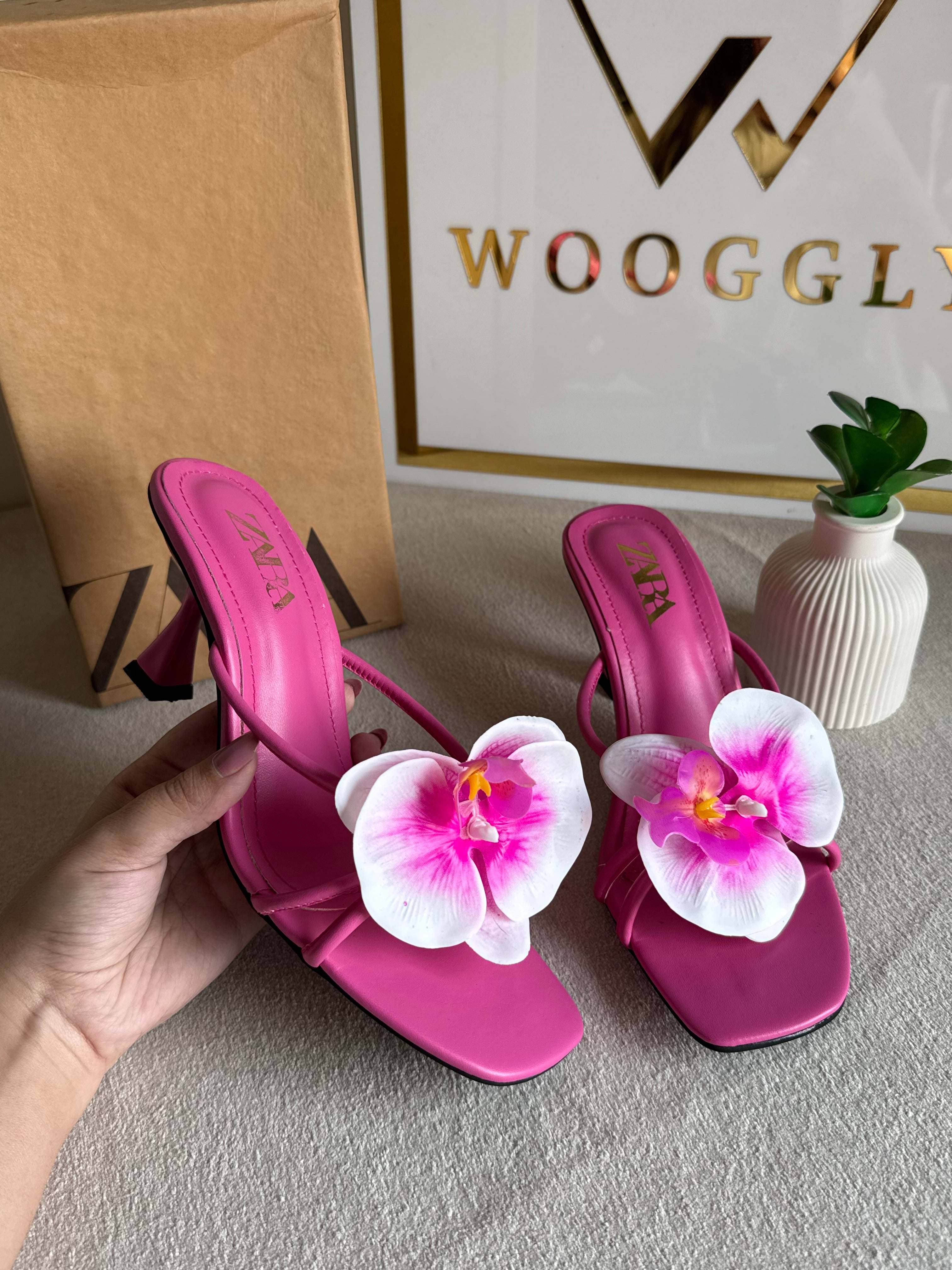 Zara Flower Heels HOT PINK - with Brand Box