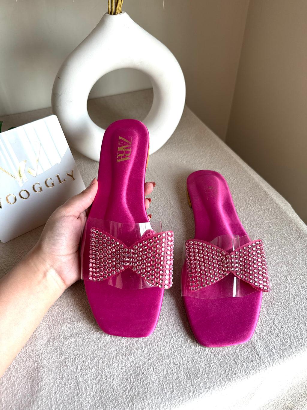Zara Glitter Bow Slides - Hot Pink