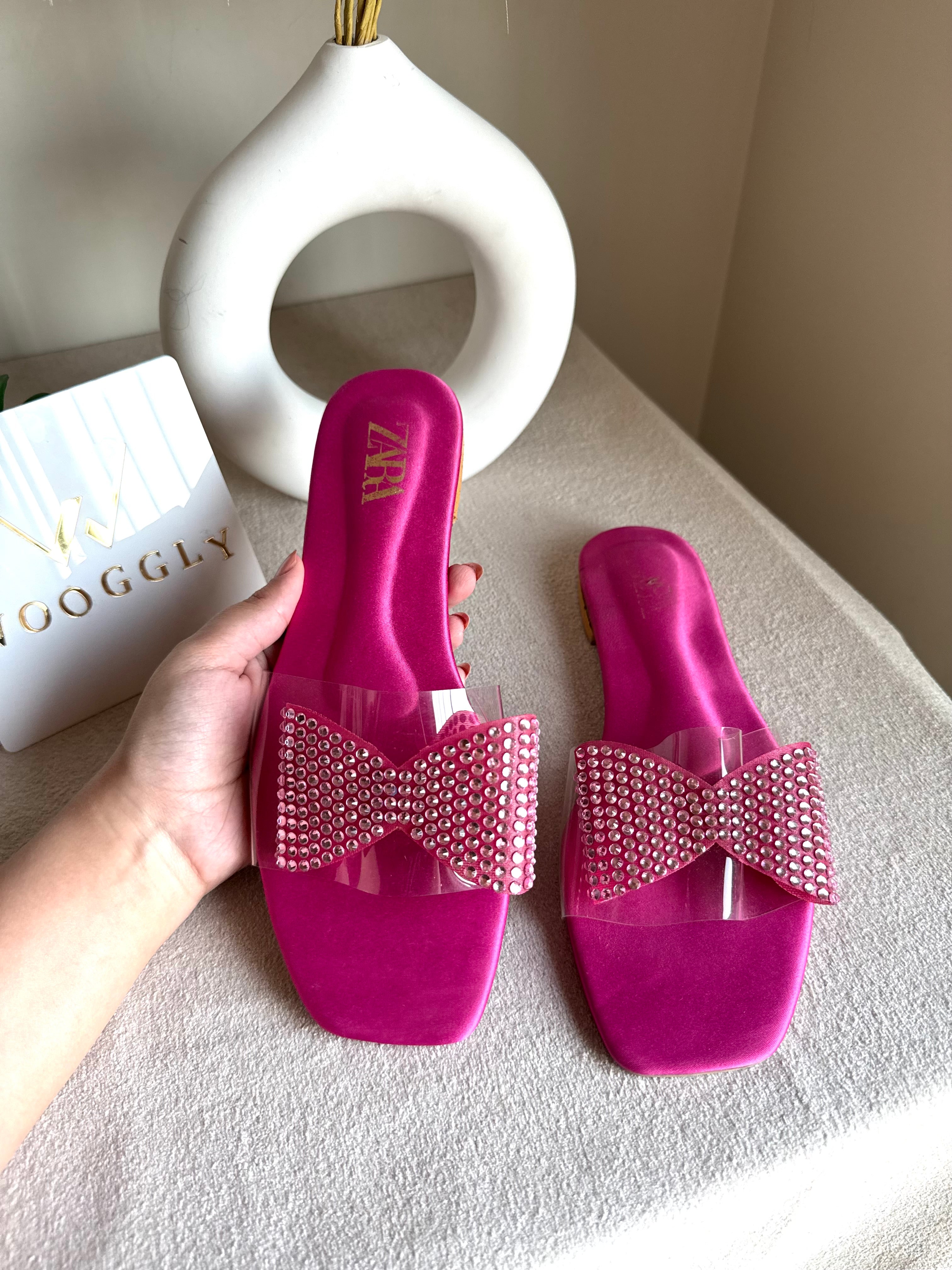 Zara Glitter Bow Slides - Hot Pink