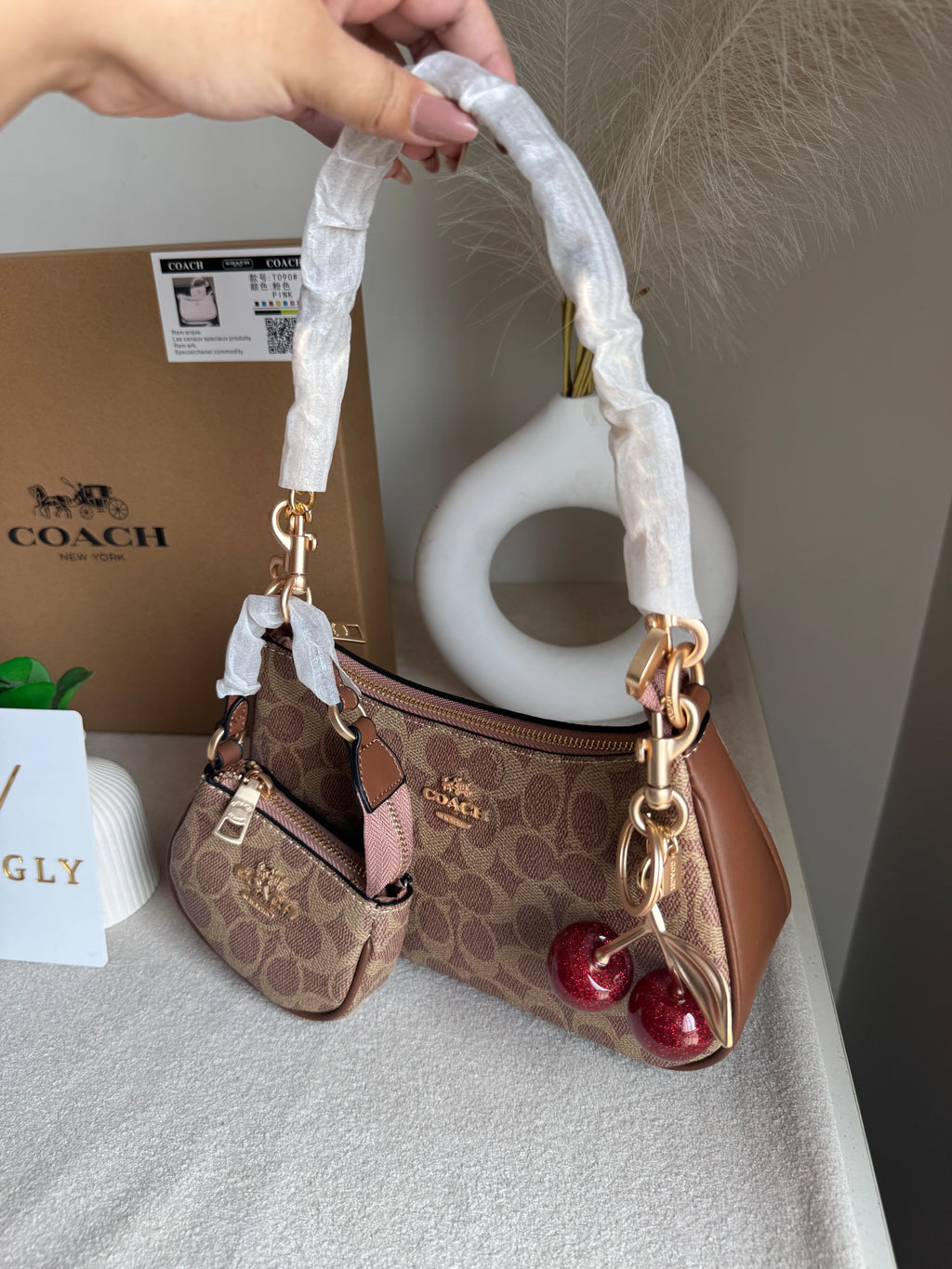 COACH Teri Gift Box with Baby Teri Charm & Coach Cherry Charm - Apricot Brown