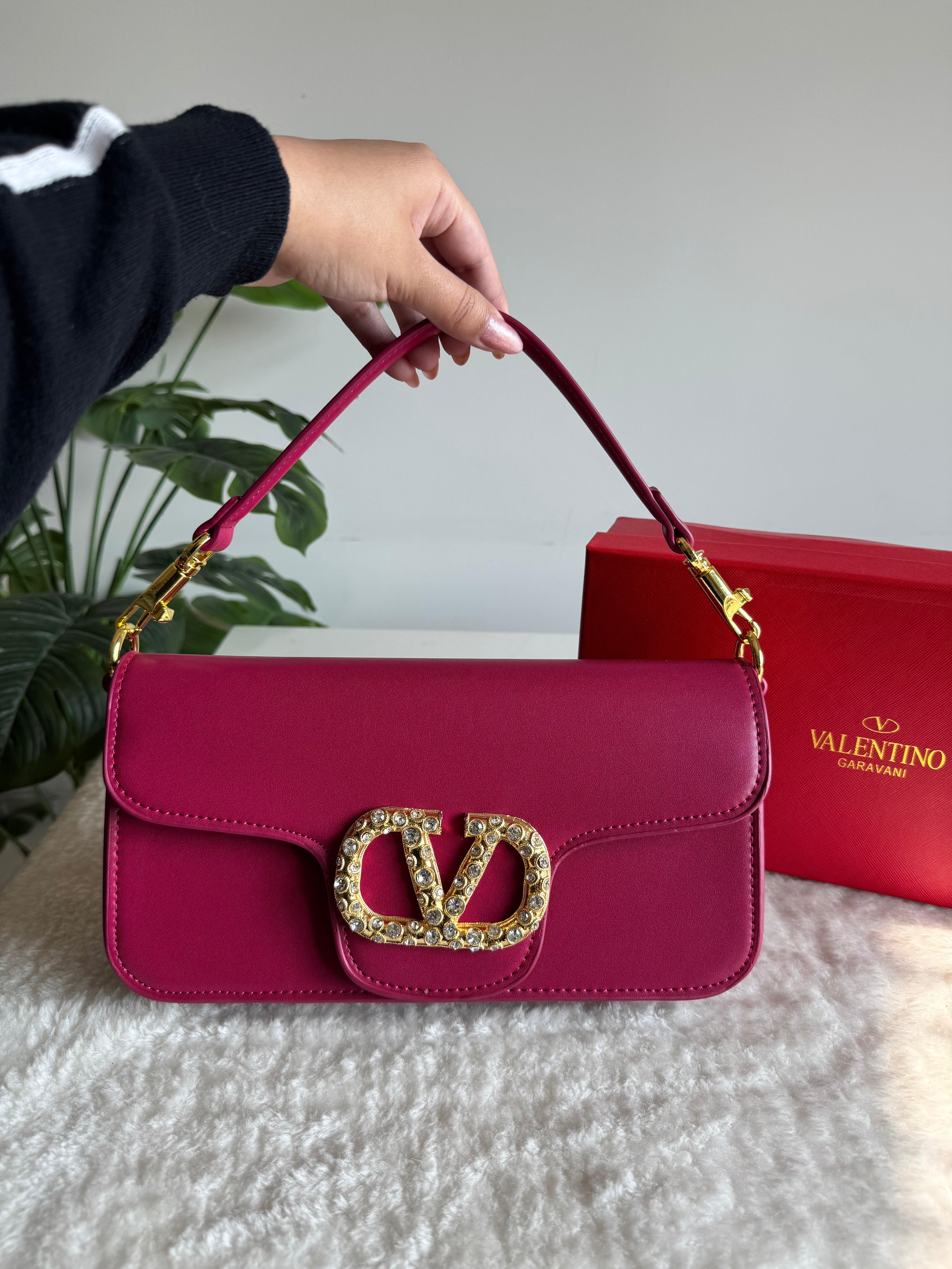 Valentino Loco with Jewel Logo PREMIUM Handbag with Box Packing - Hot Pink