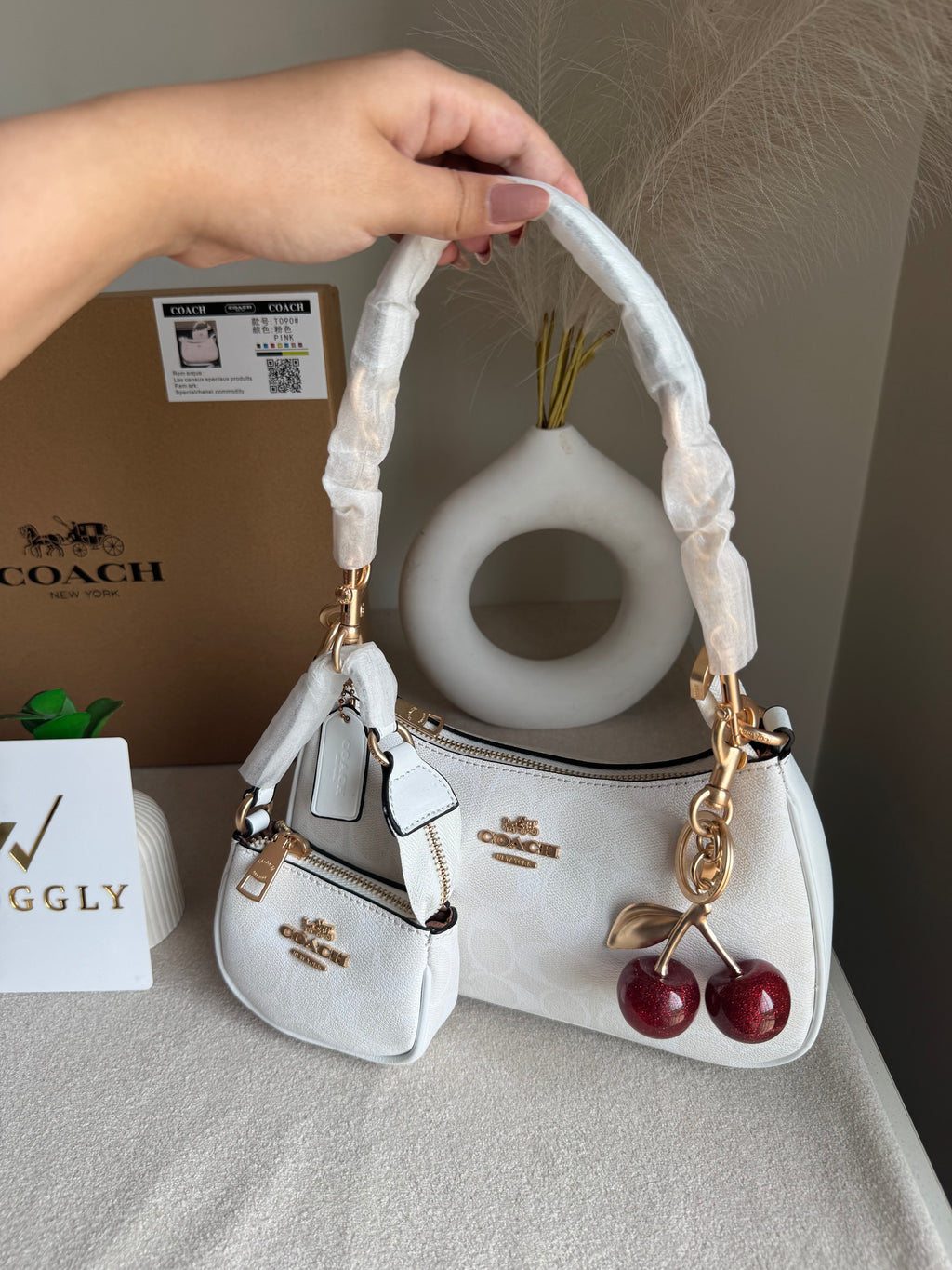 COACH Teri Gift Box with Baby Teri Charm & Coach Cherry Charm - Signature White