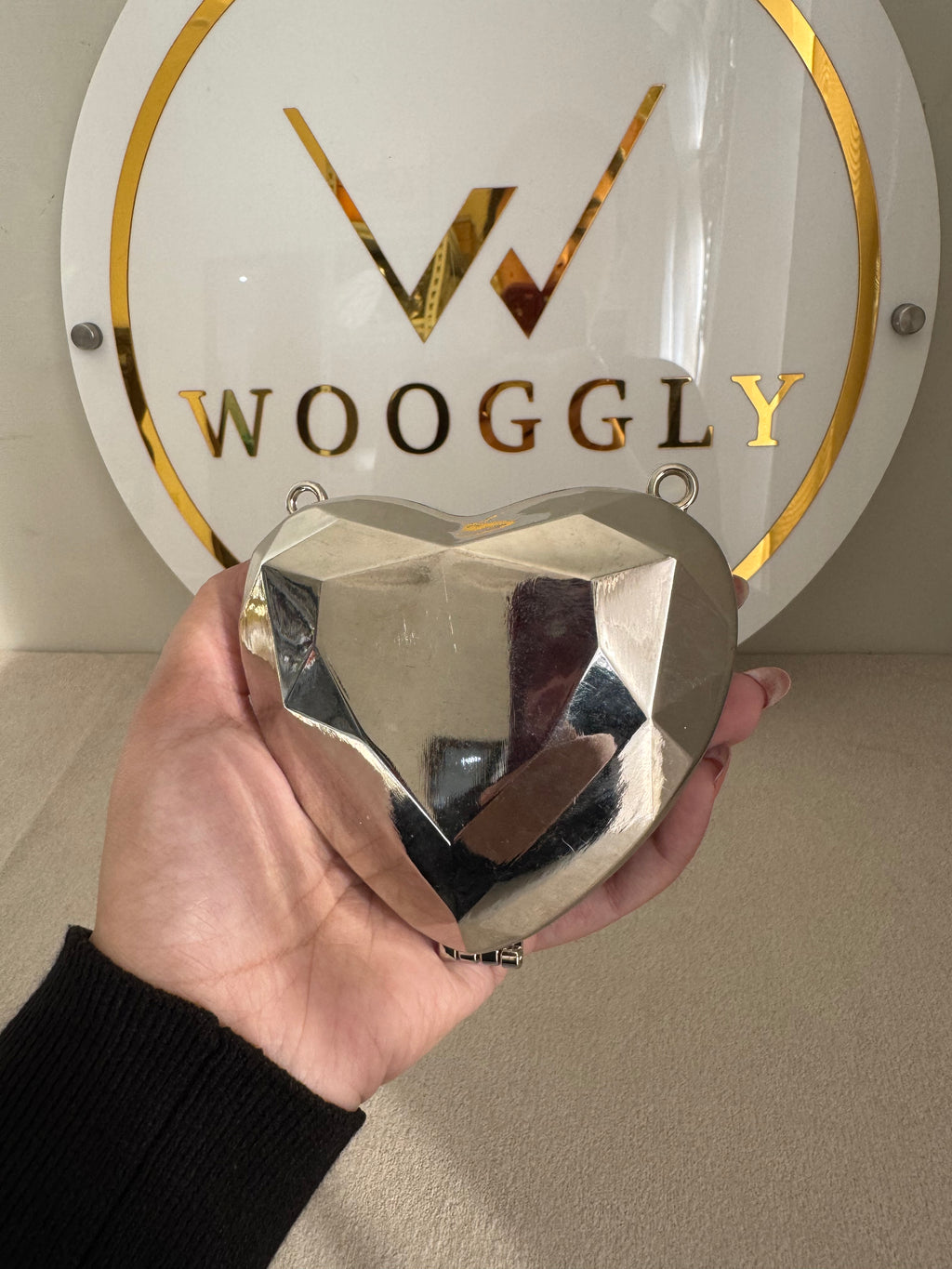 Metallic Heart Clutch with Chain - Mini Silver