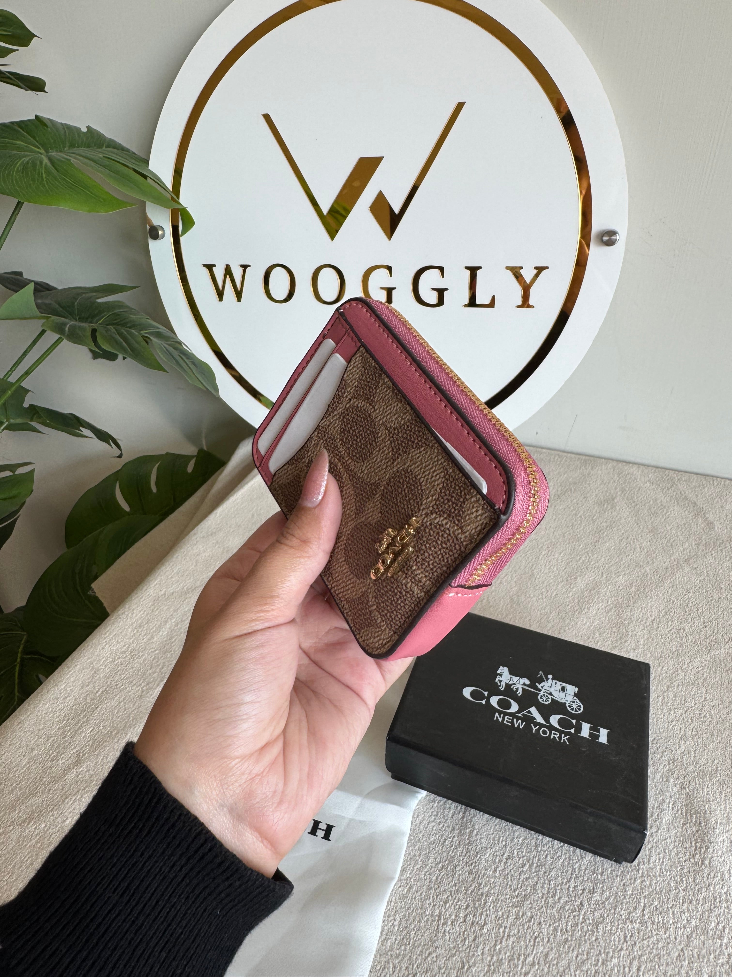 Coach Zip Card Case with Box Packing - Apricot Brown with Pink