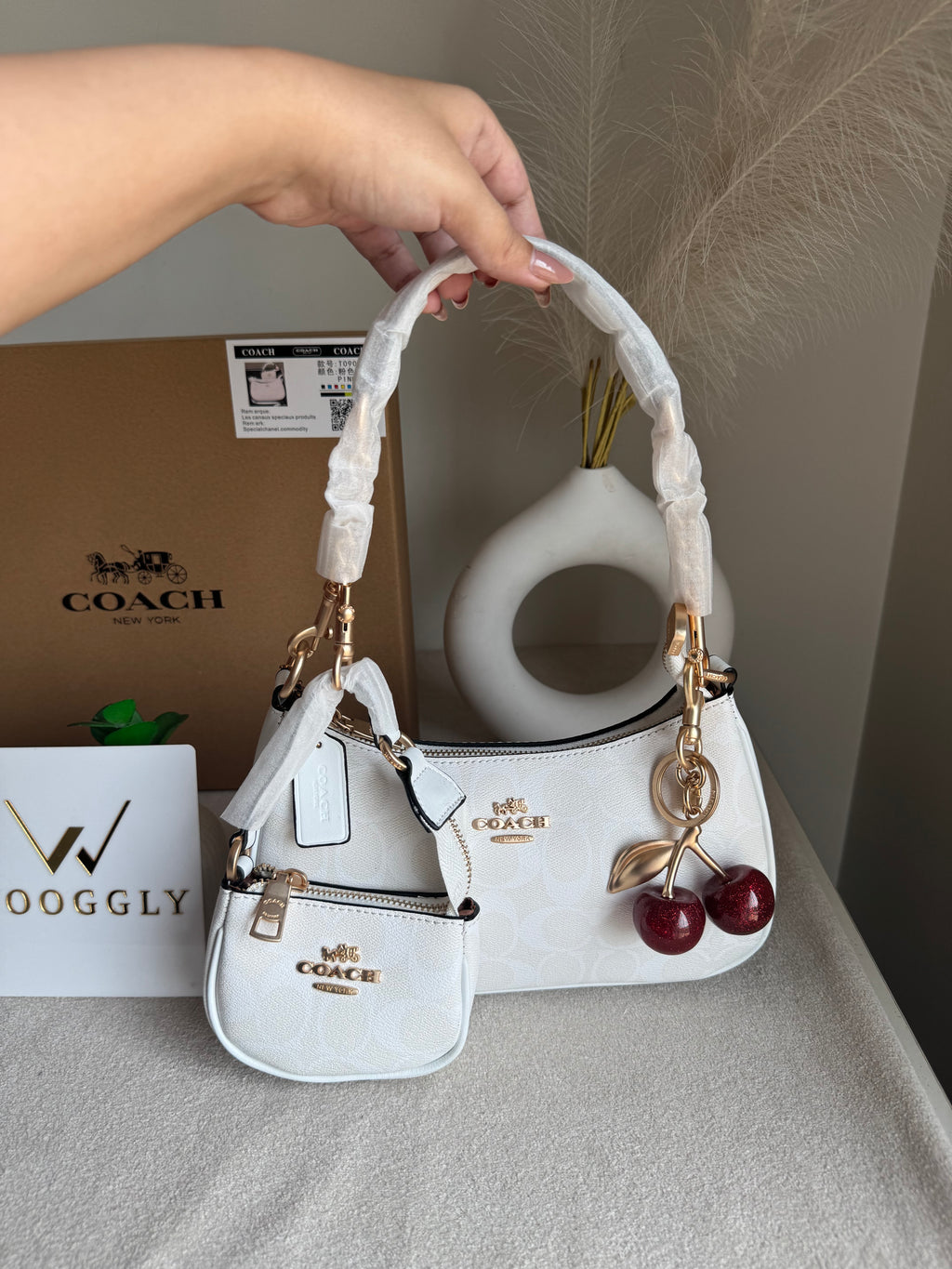 COACH Teri Gift Box with Baby Teri Charm & Coach Cherry Charm - Signature White