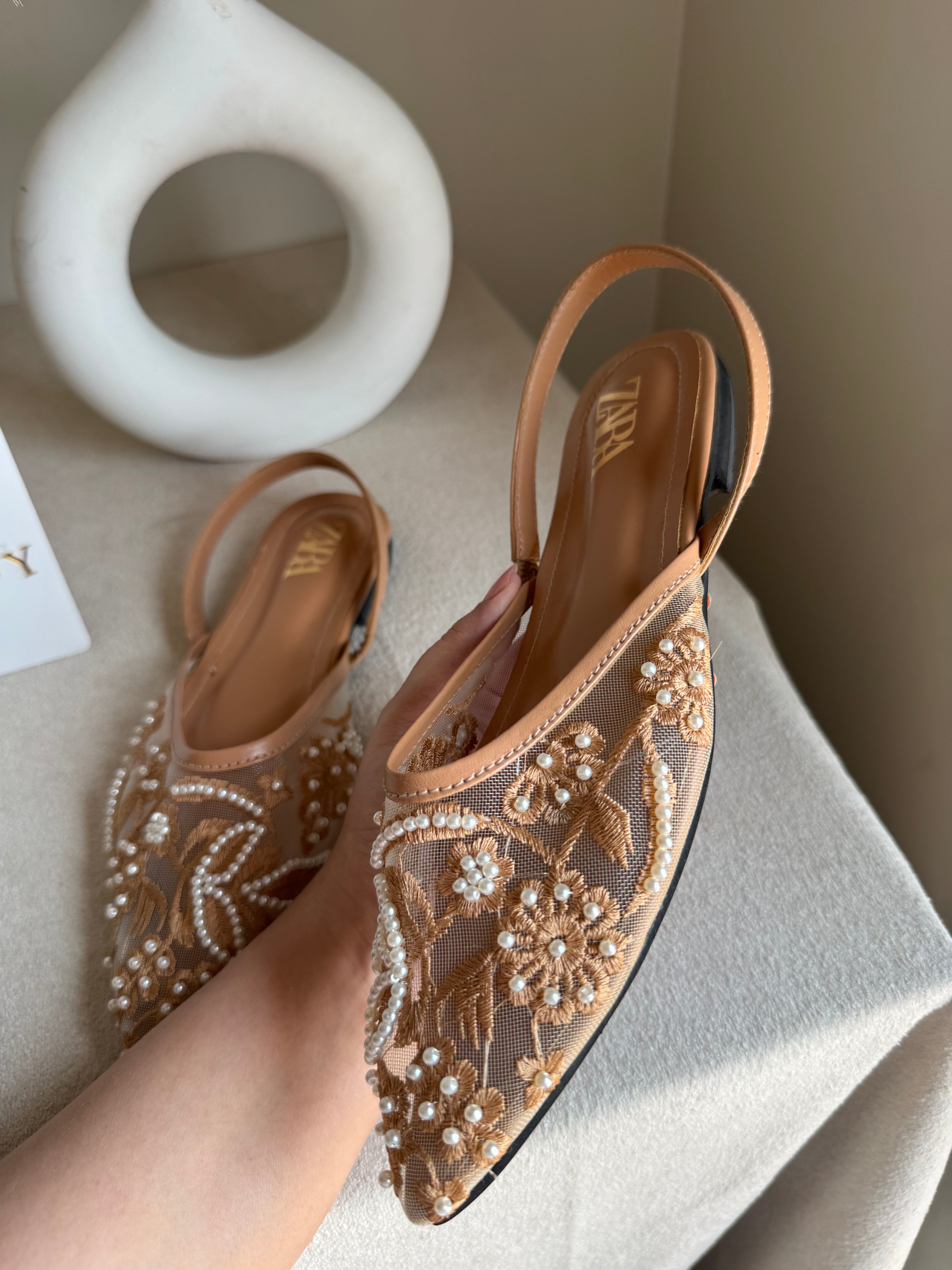 Zara Embroidered Mesh Slingback Flats  - Beige