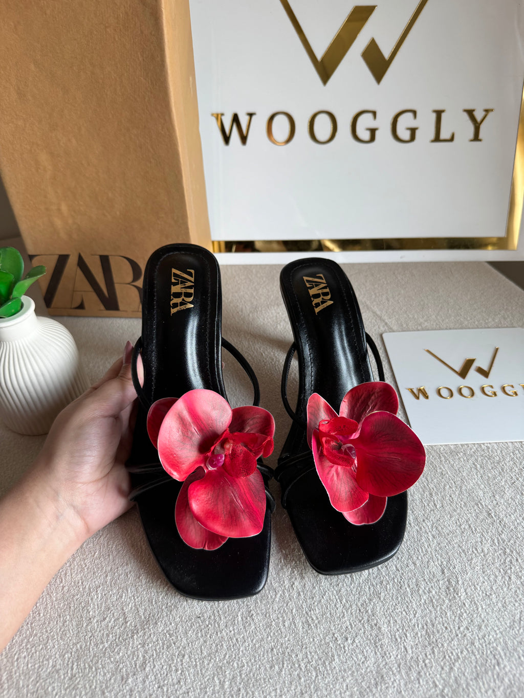 Zara Flower Heels BLACK WITH RED with Brand Box