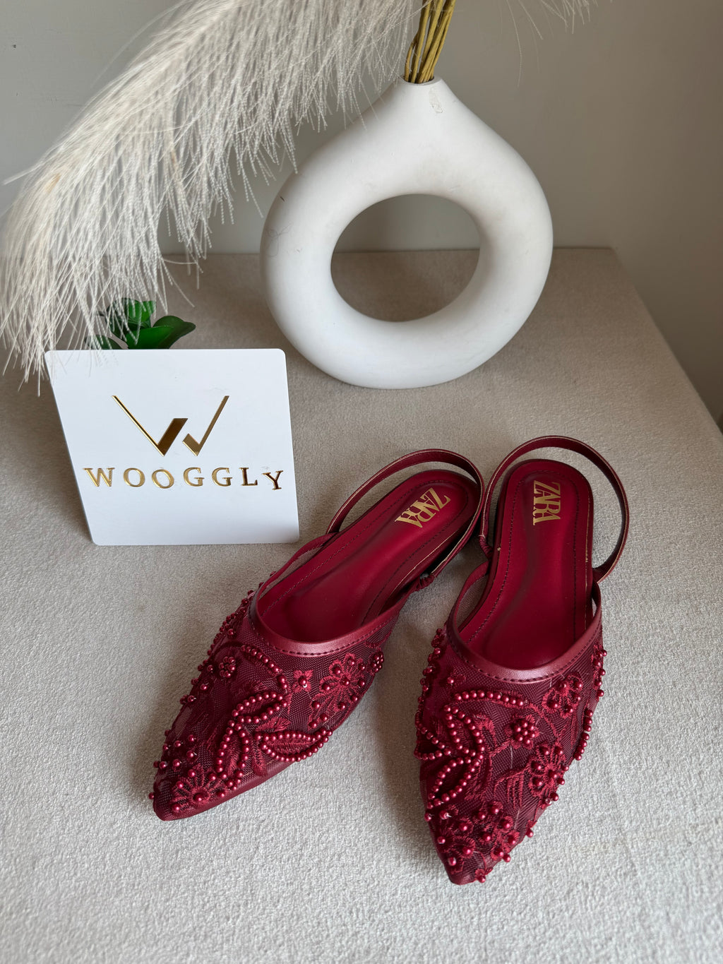 Zara Embroidered Mesh Slingback Flats  - Maroon