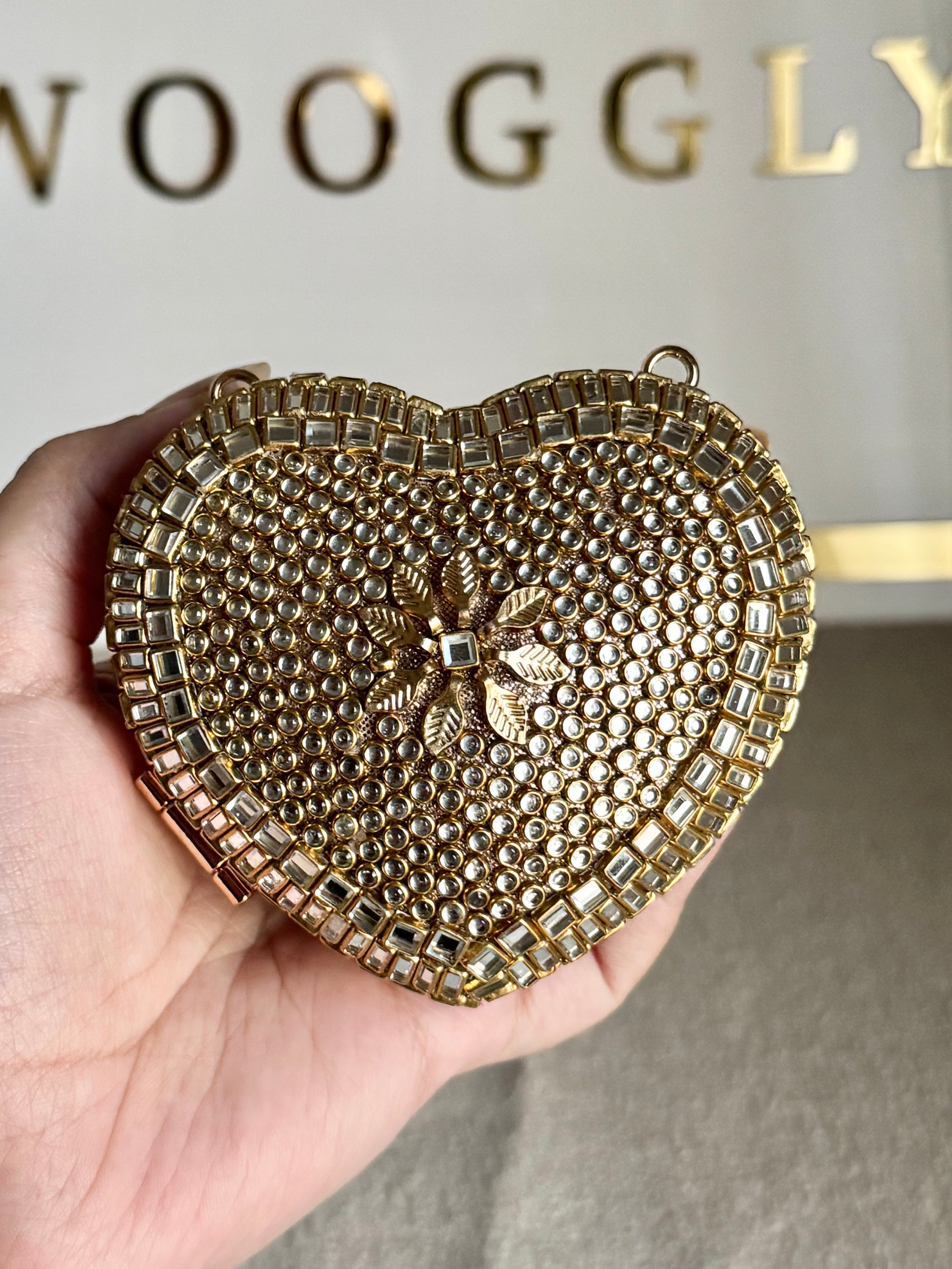 Special Edition Kundan Heart Clutch - Gold with Chain
