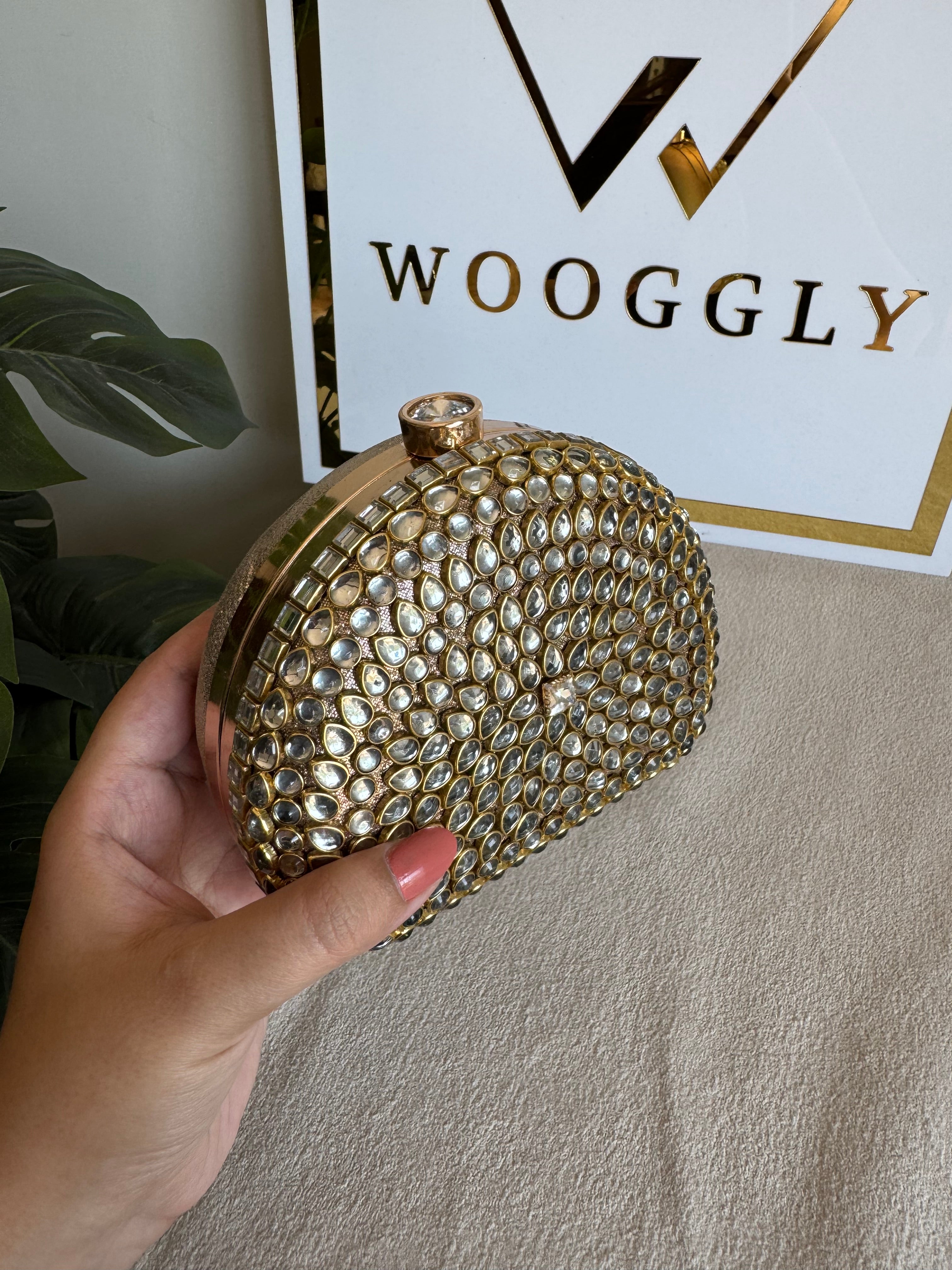 Afreen Kundan Clutch with Chain - White Stone