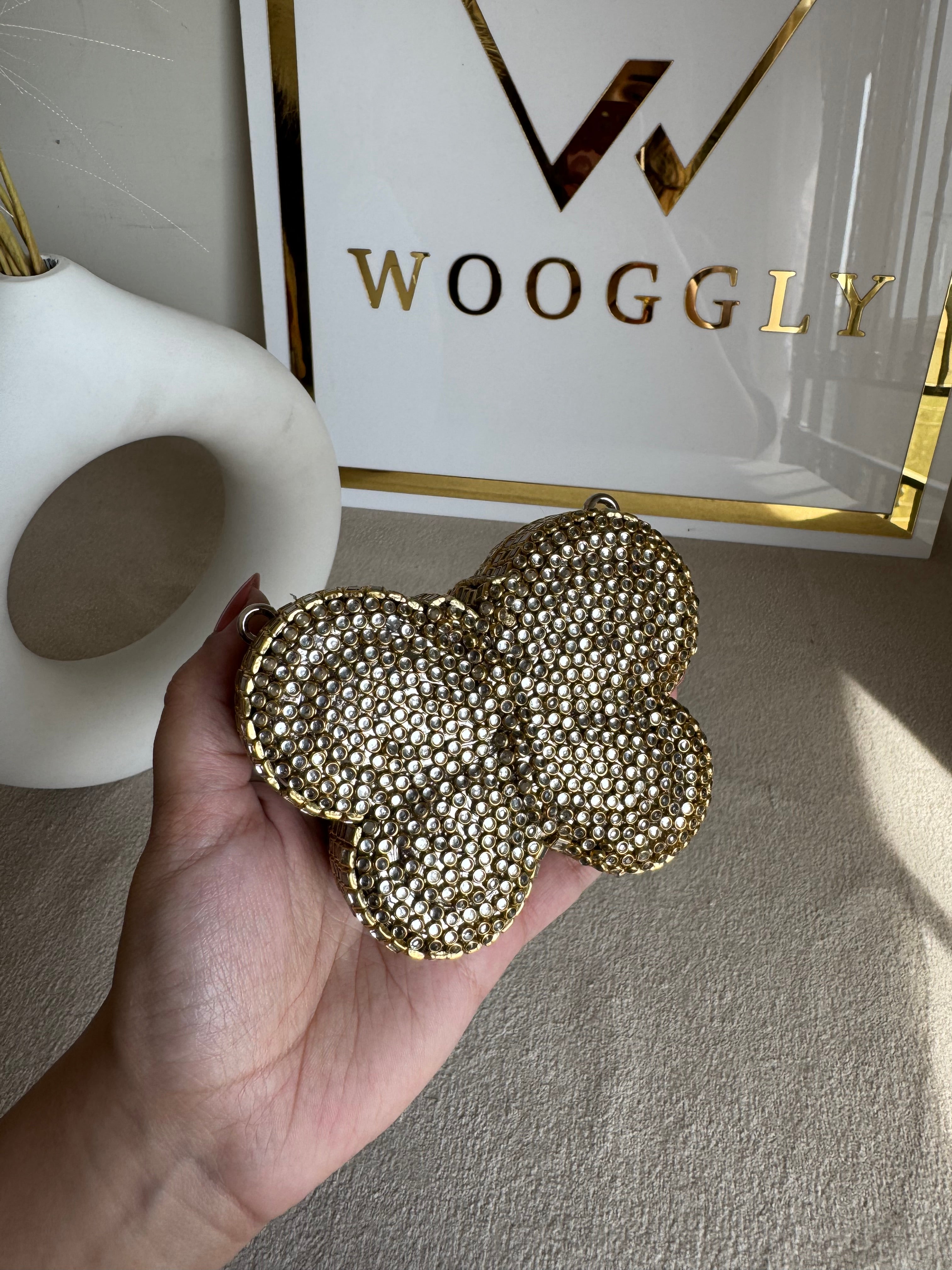 Kundan Classic Butterfly Clutch - Gold with Chain