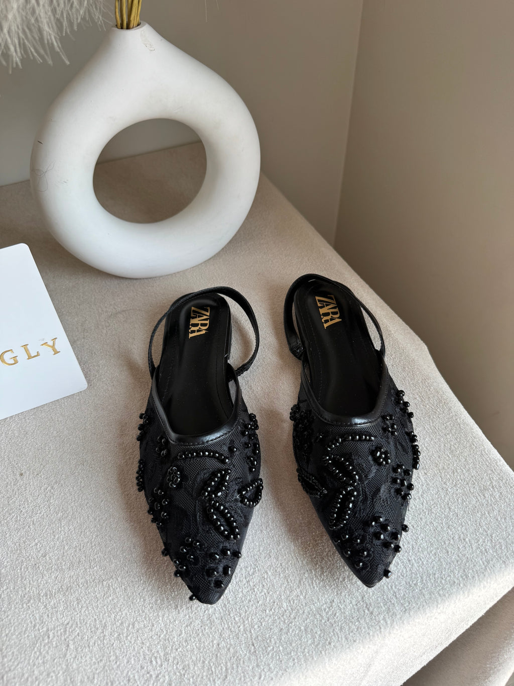 Zara Embroidered Mesh Slingback Flats  - Black