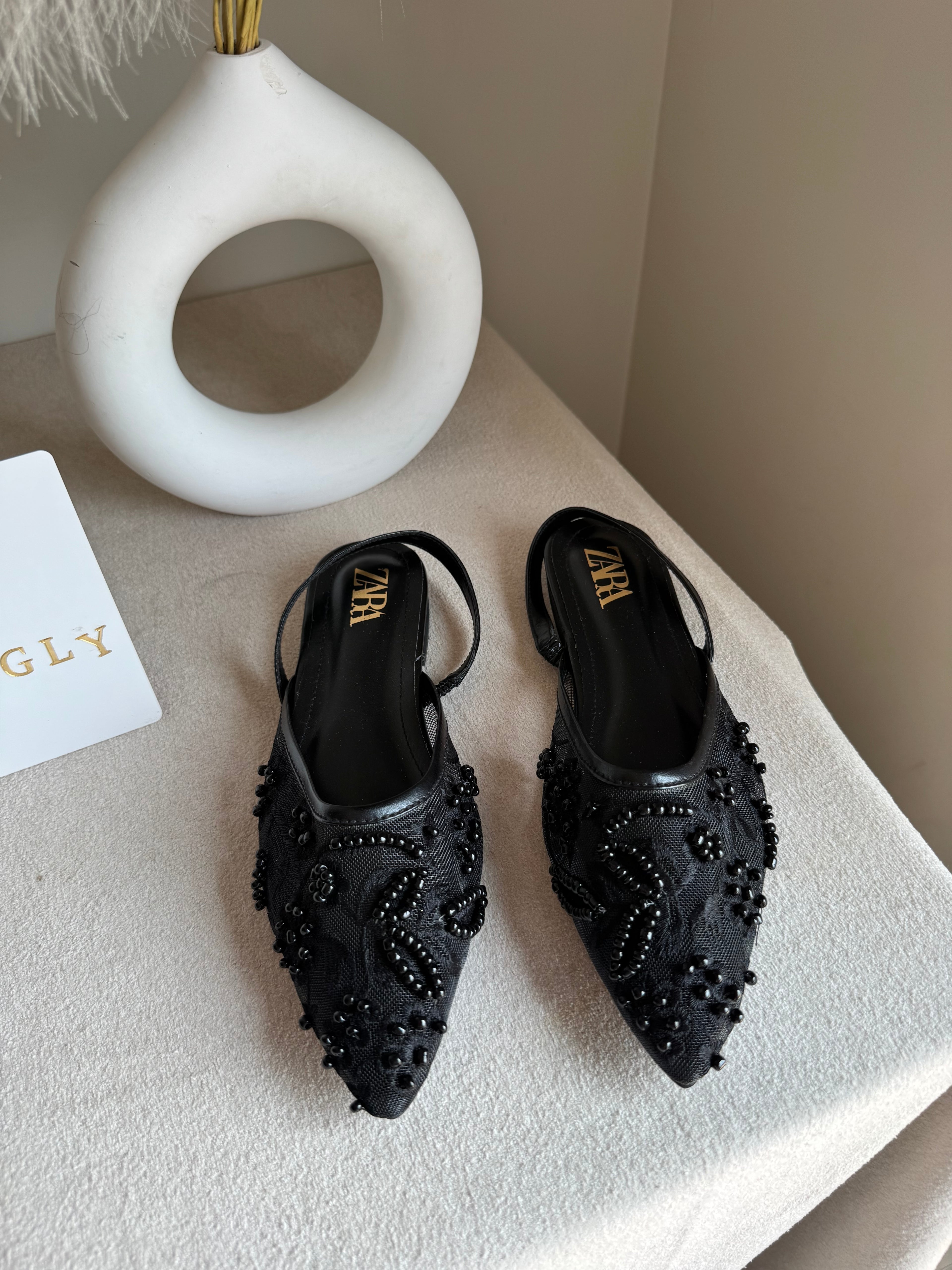 Zara Embroidered Mesh Slingback Flats  - Black