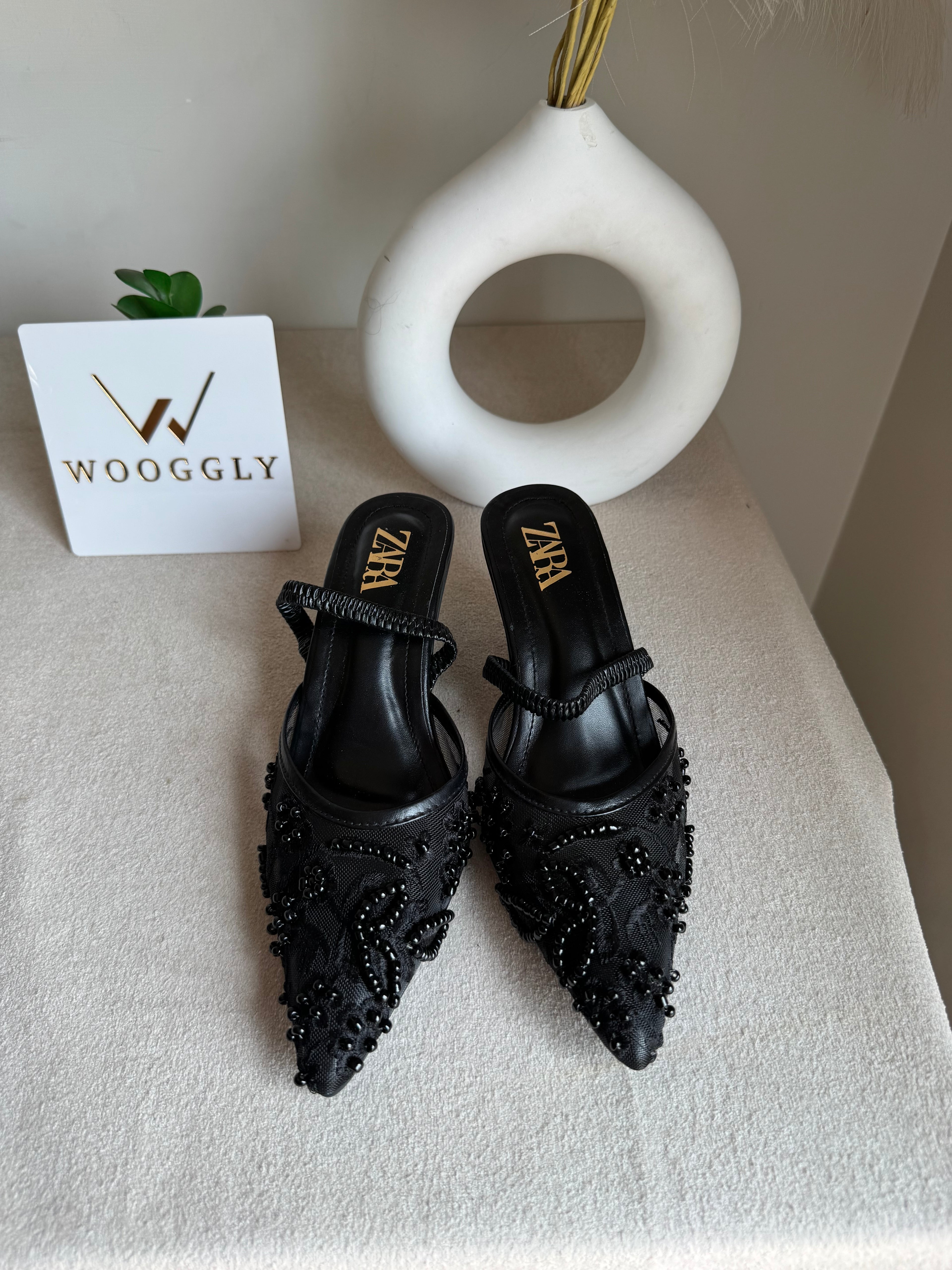 Zara Embroidered Net Heels - Black