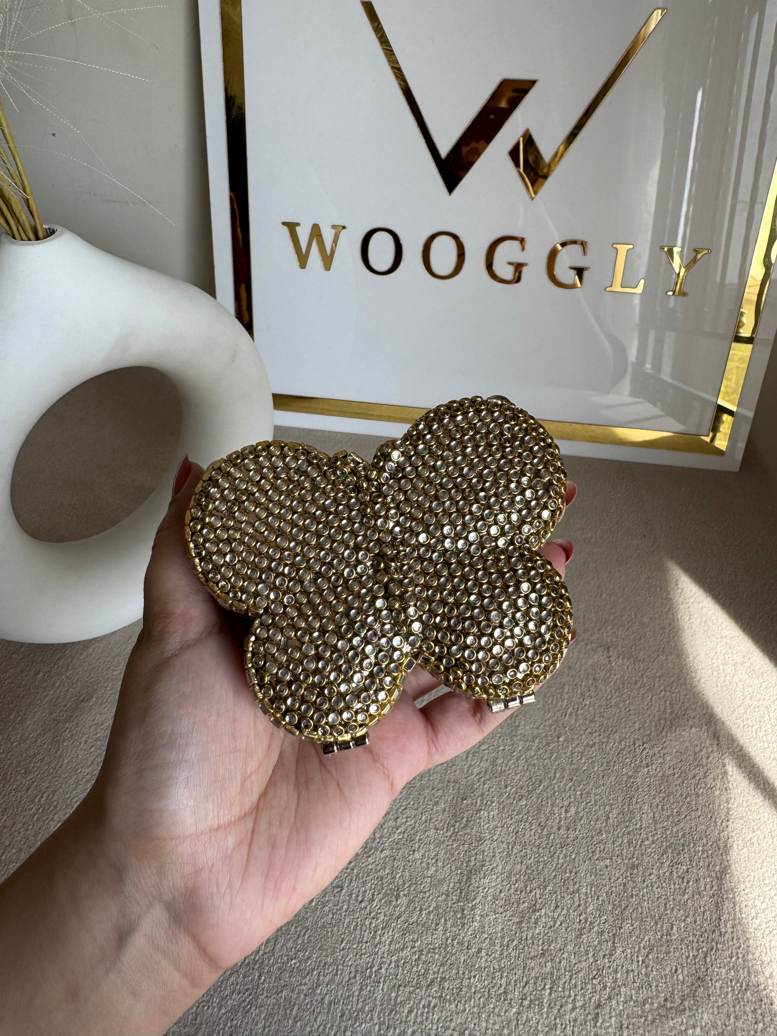 Kundan Classic Butterfly Clutch - Gold with Chain