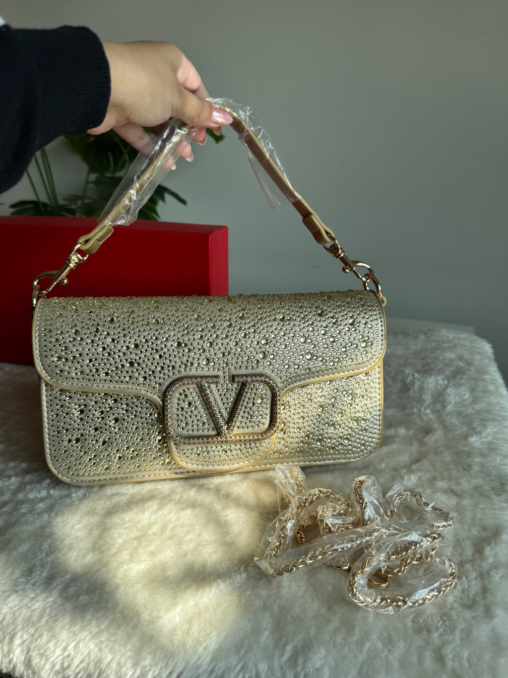 Valentino Loco Rhinestone PREMIUM Handbag with Box Packing - Champagne