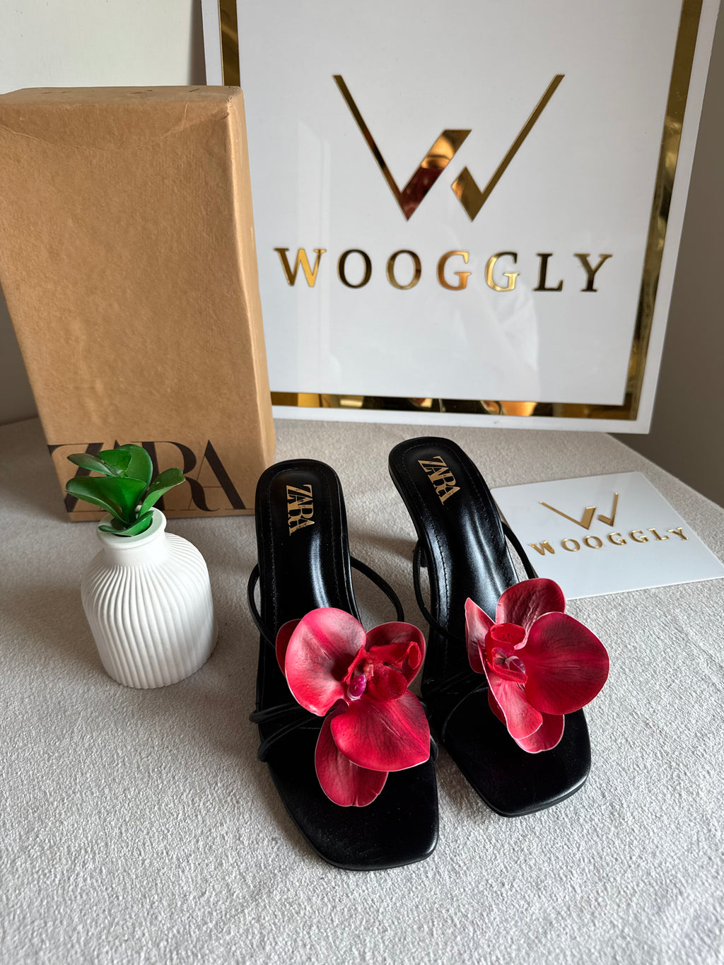 Zara Flower Heels BLACK WITH RED with Brand Box