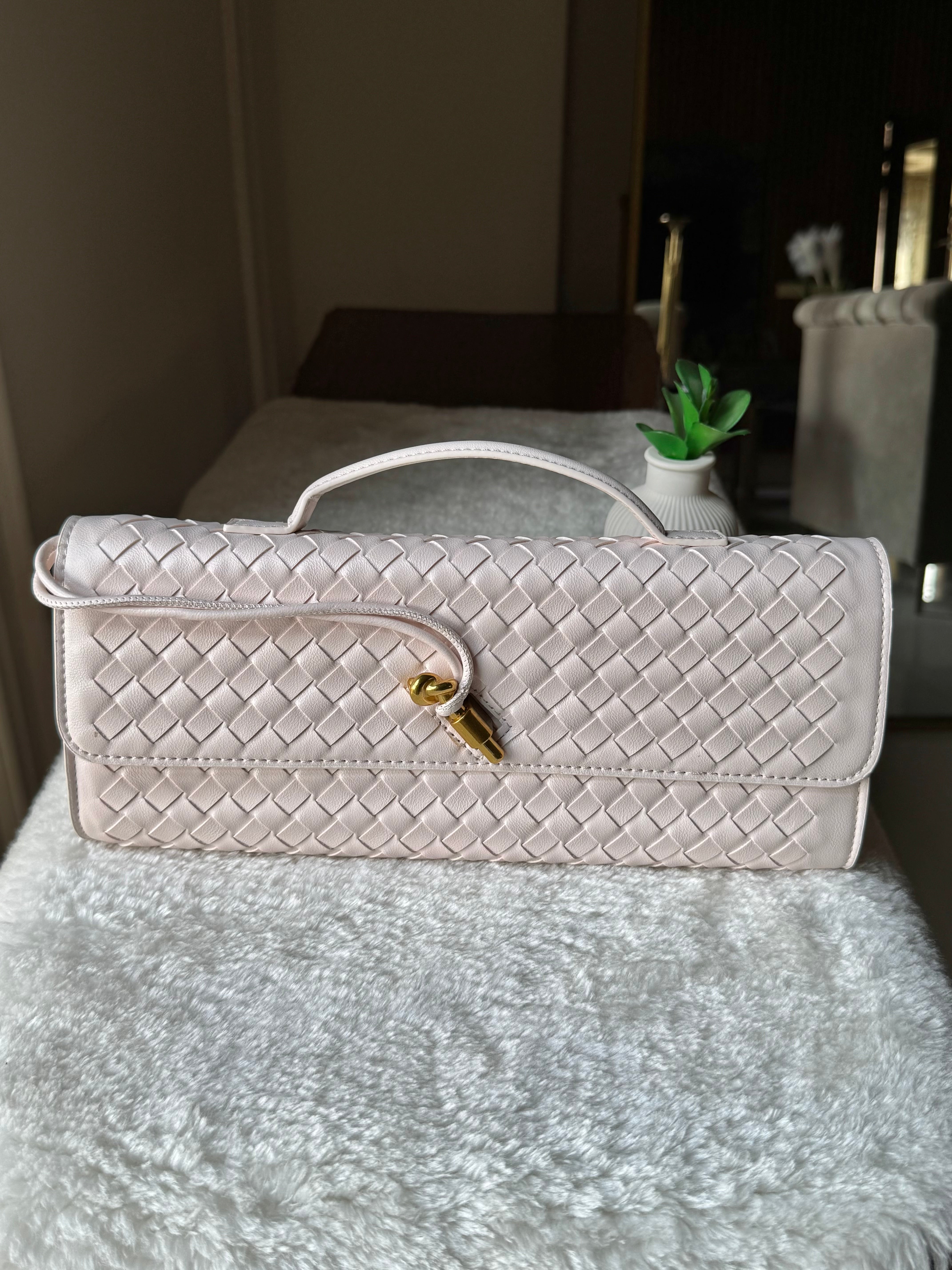 Bottega Veneta Inspired Clutch (Off White) with Long Strap
