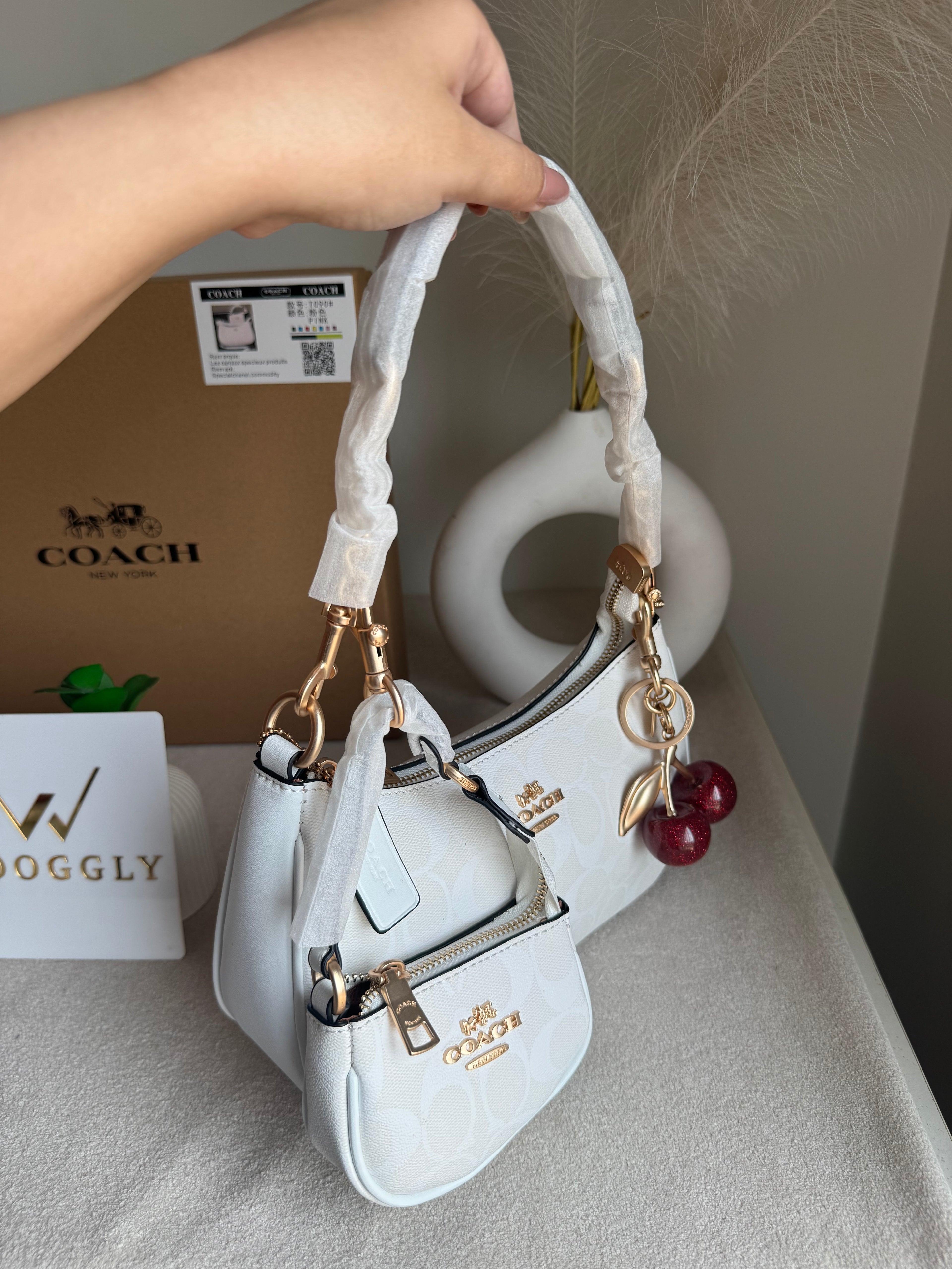 COACH Teri Gift Box with Baby Teri Charm & Coach Cherry Charm - Signature White