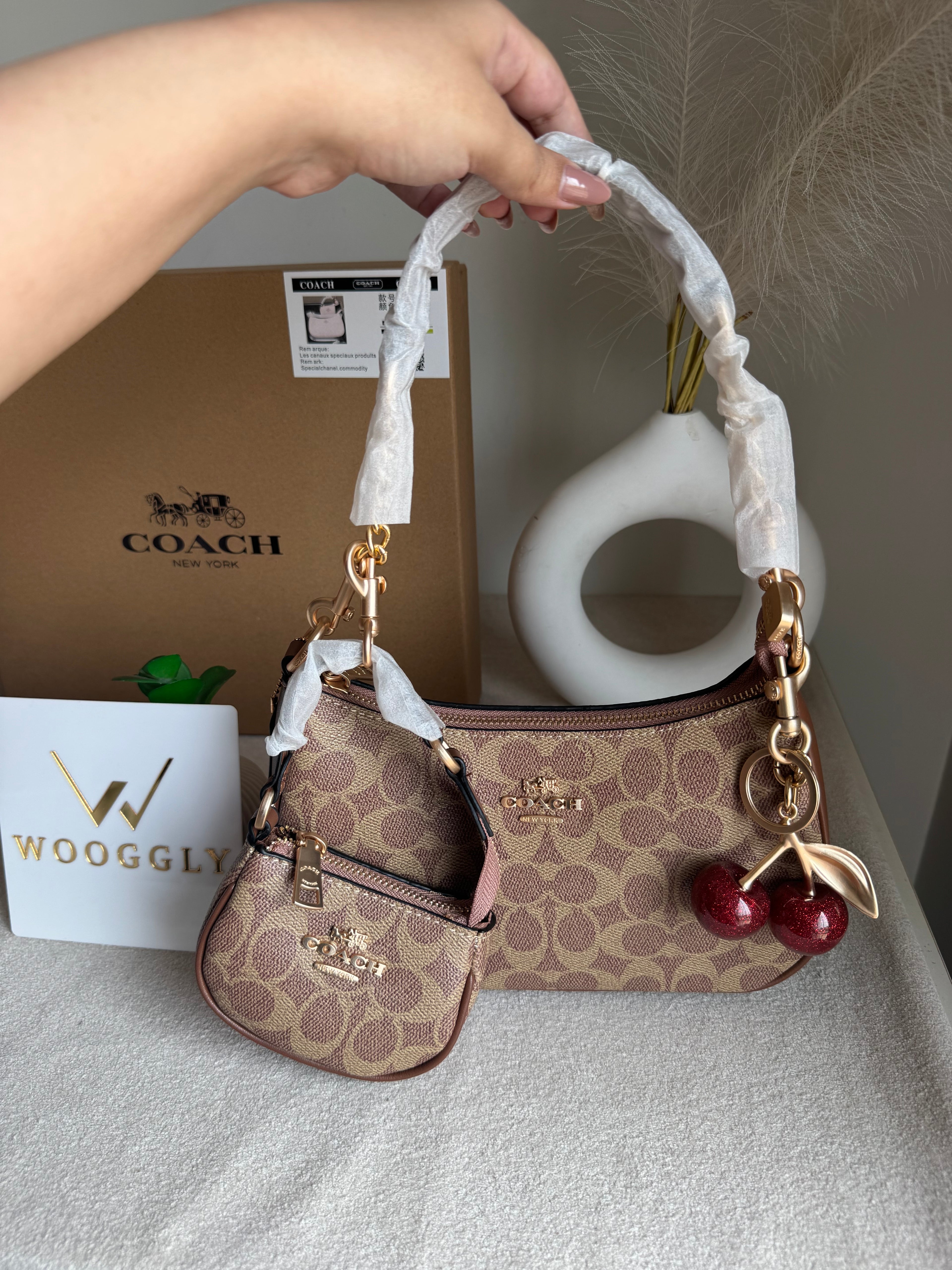 COACH Teri Gift Box with Baby Teri Charm & Coach Cherry Charm - Apricot Brown