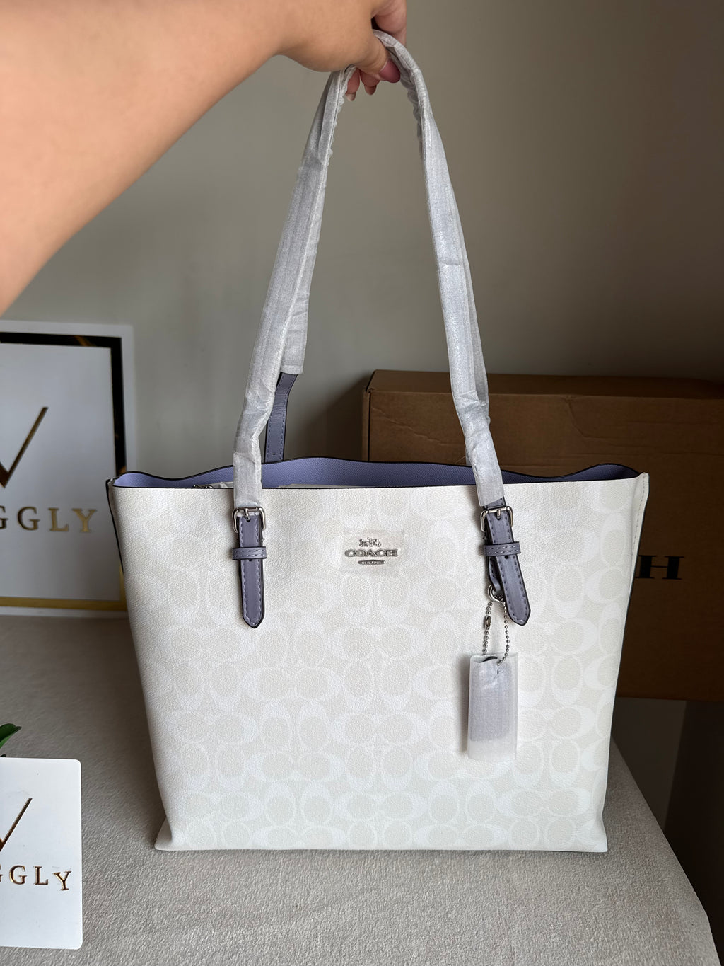 EXTREMELY PREMIUM COACH Mollie Tote Bag - Signature White & Lilac (BOX PACKING)