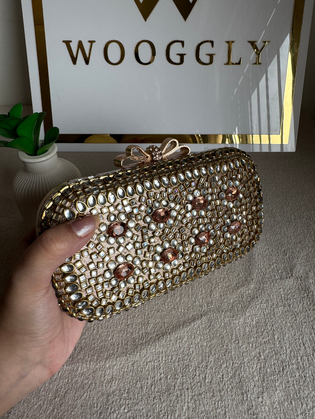 Kundan Stone Clutch - Rose Gold Stones
