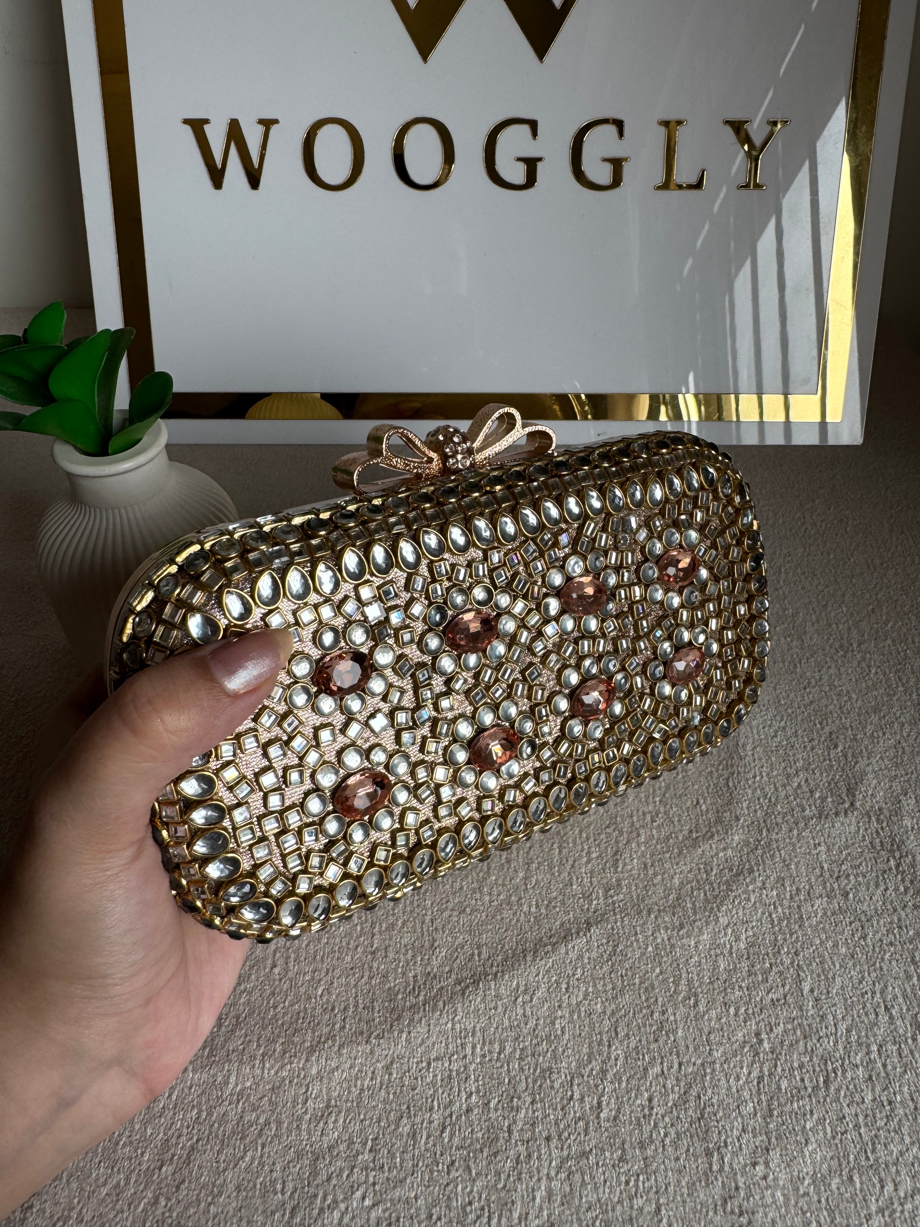 Kundan Stone Clutch - Rose Gold Stones