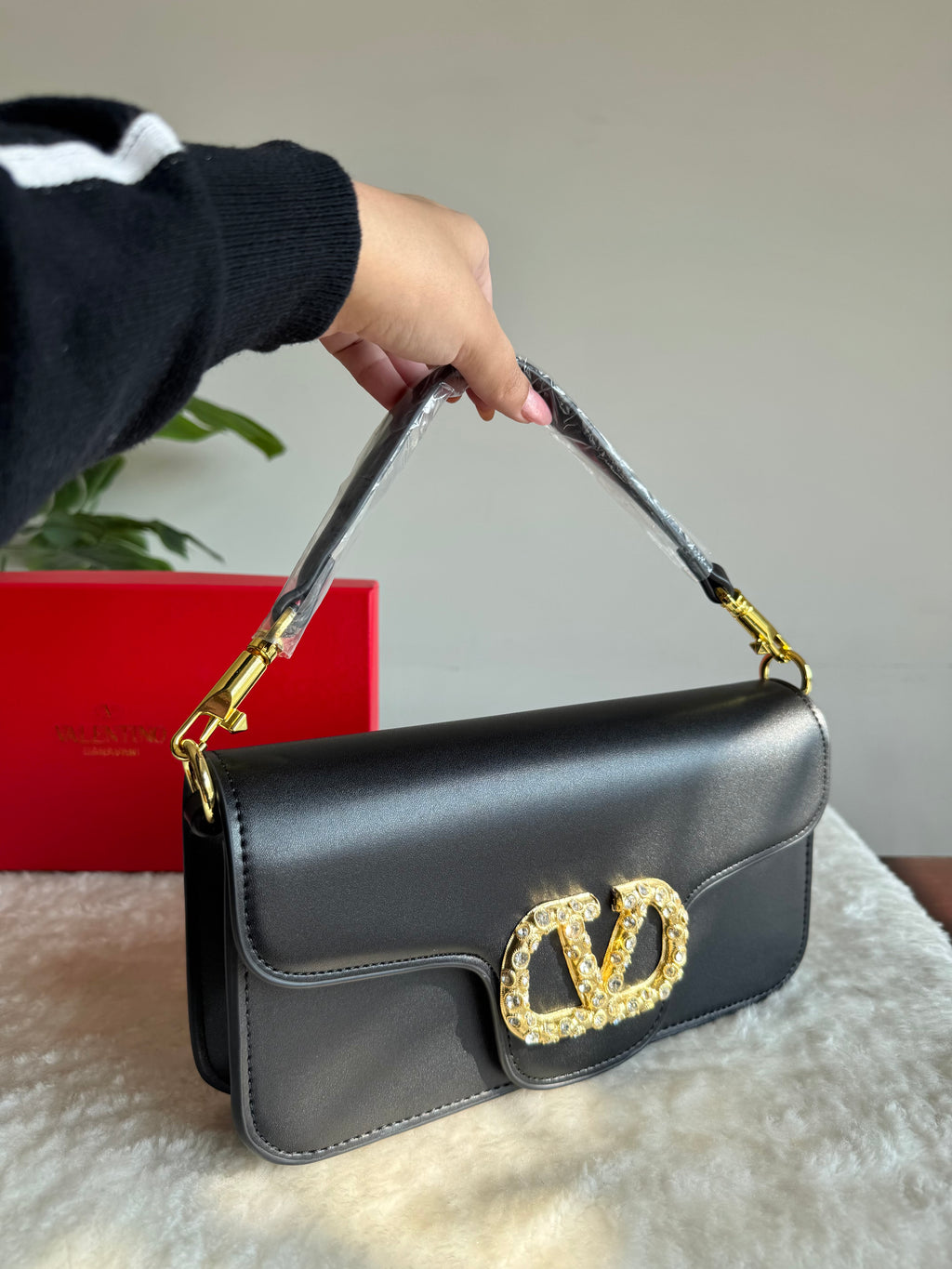 Valentino Loco with Jewel Logo PREMIUM Handbag with Box Packing - Black